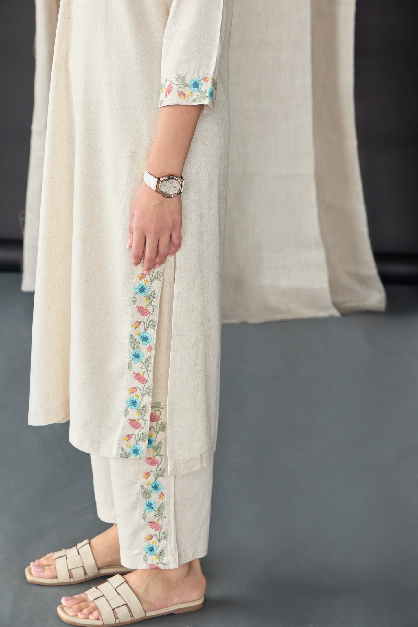 Natural Linen Embroidered Kurta Set