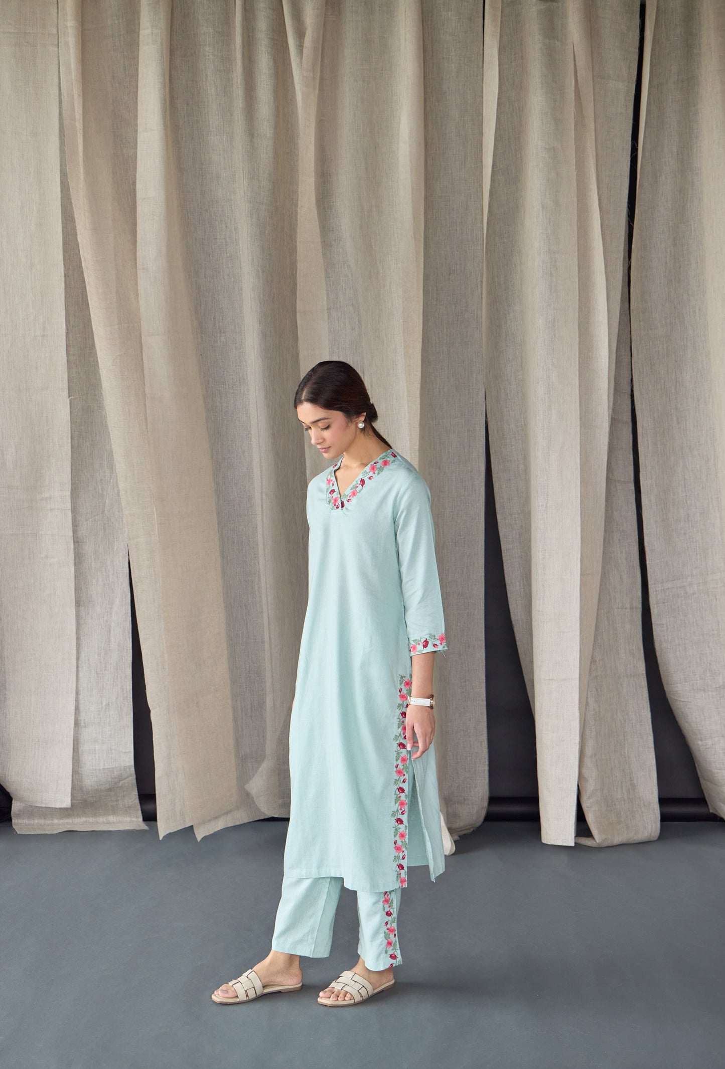 Mineral Blue Floral Embroidered Linen Kurta Set