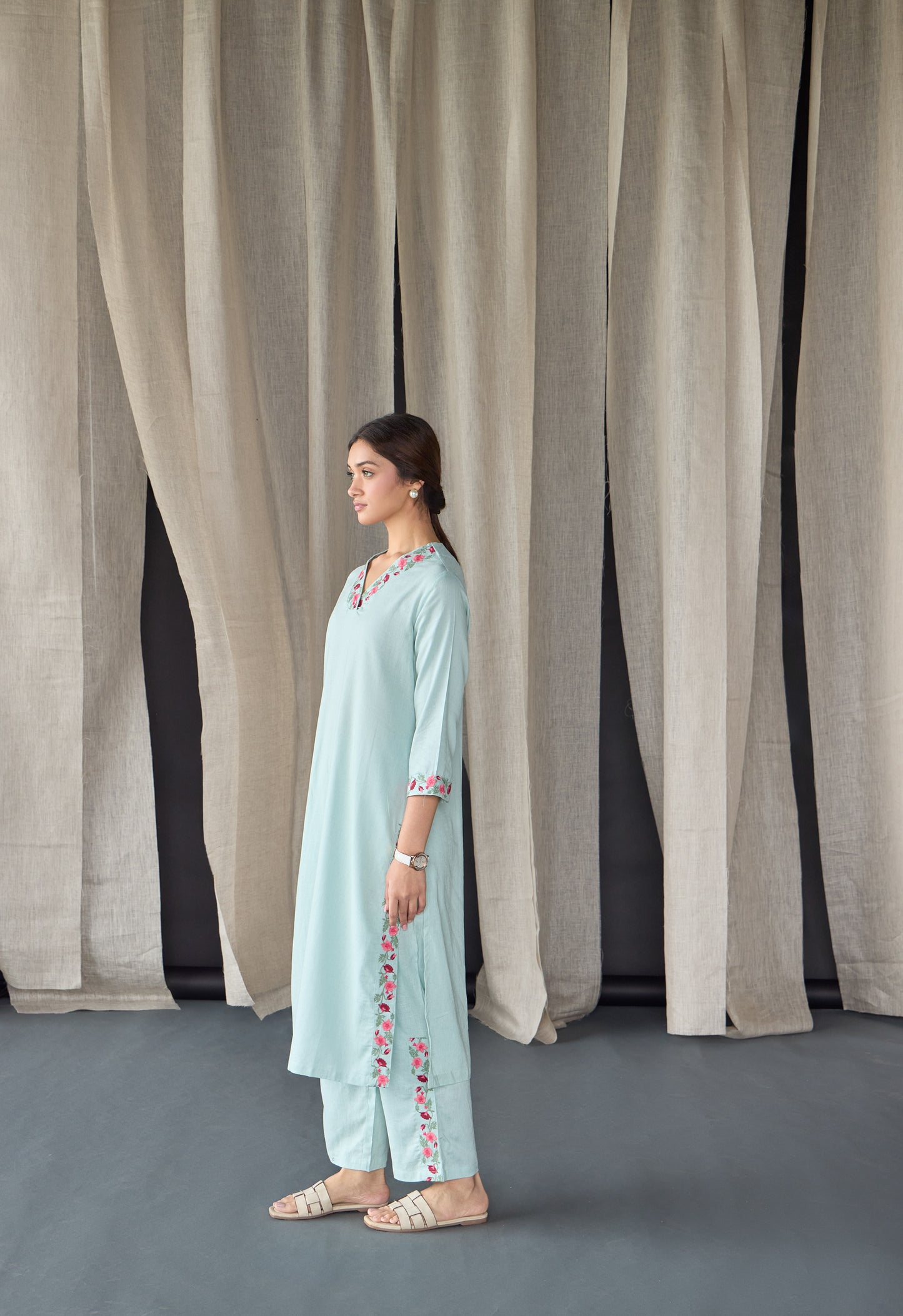 Mineral Blue Floral Embroidered Linen Kurta Set
