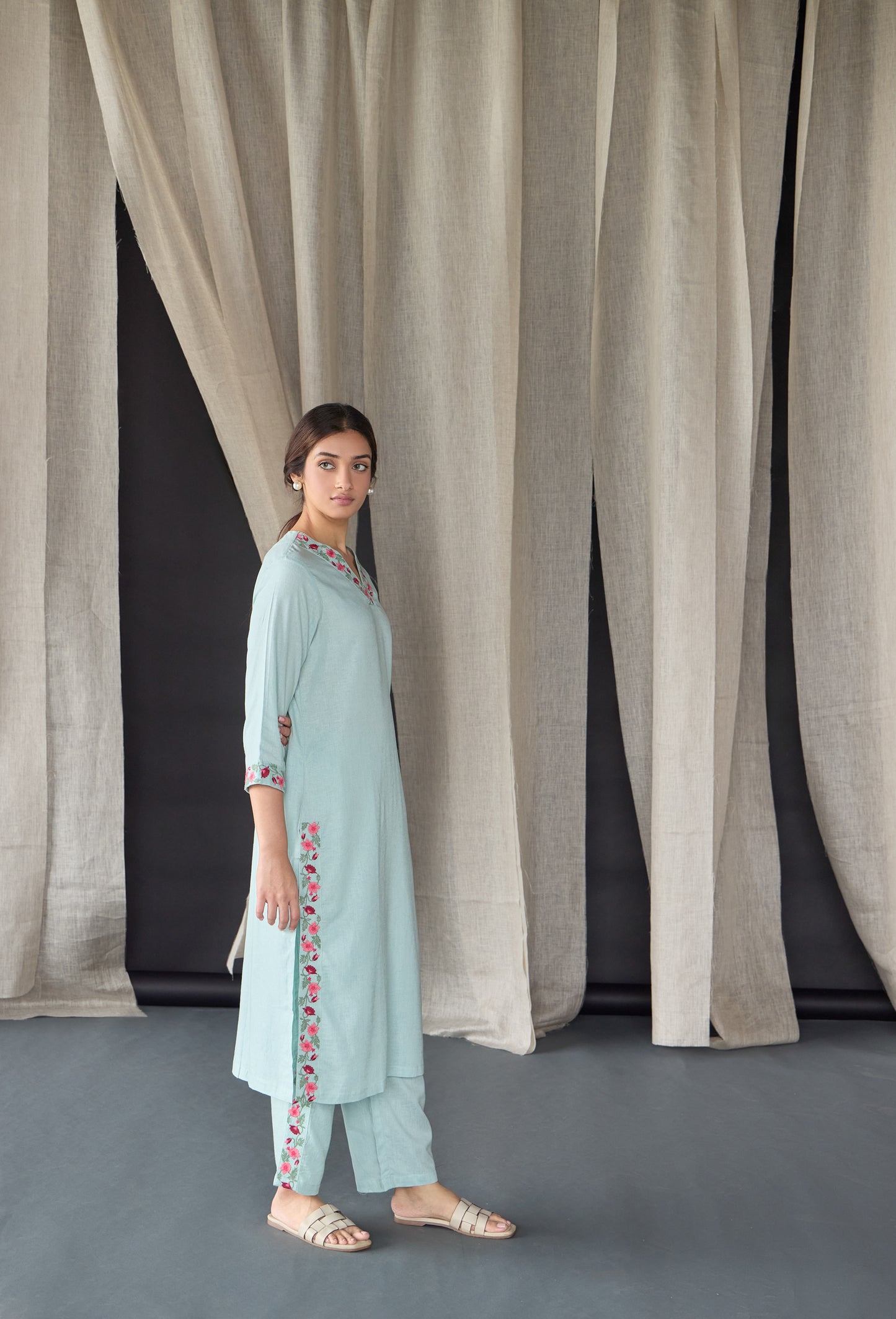 Mineral Blue Floral Embroidered Linen Kurta Set