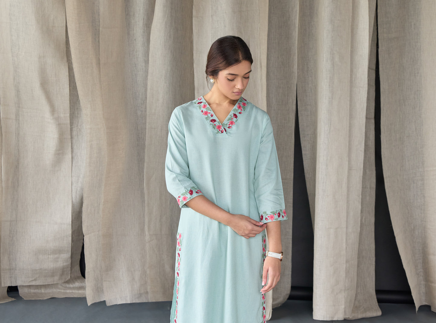 Mineral Blue Floral Embroidered Linen Kurta Set