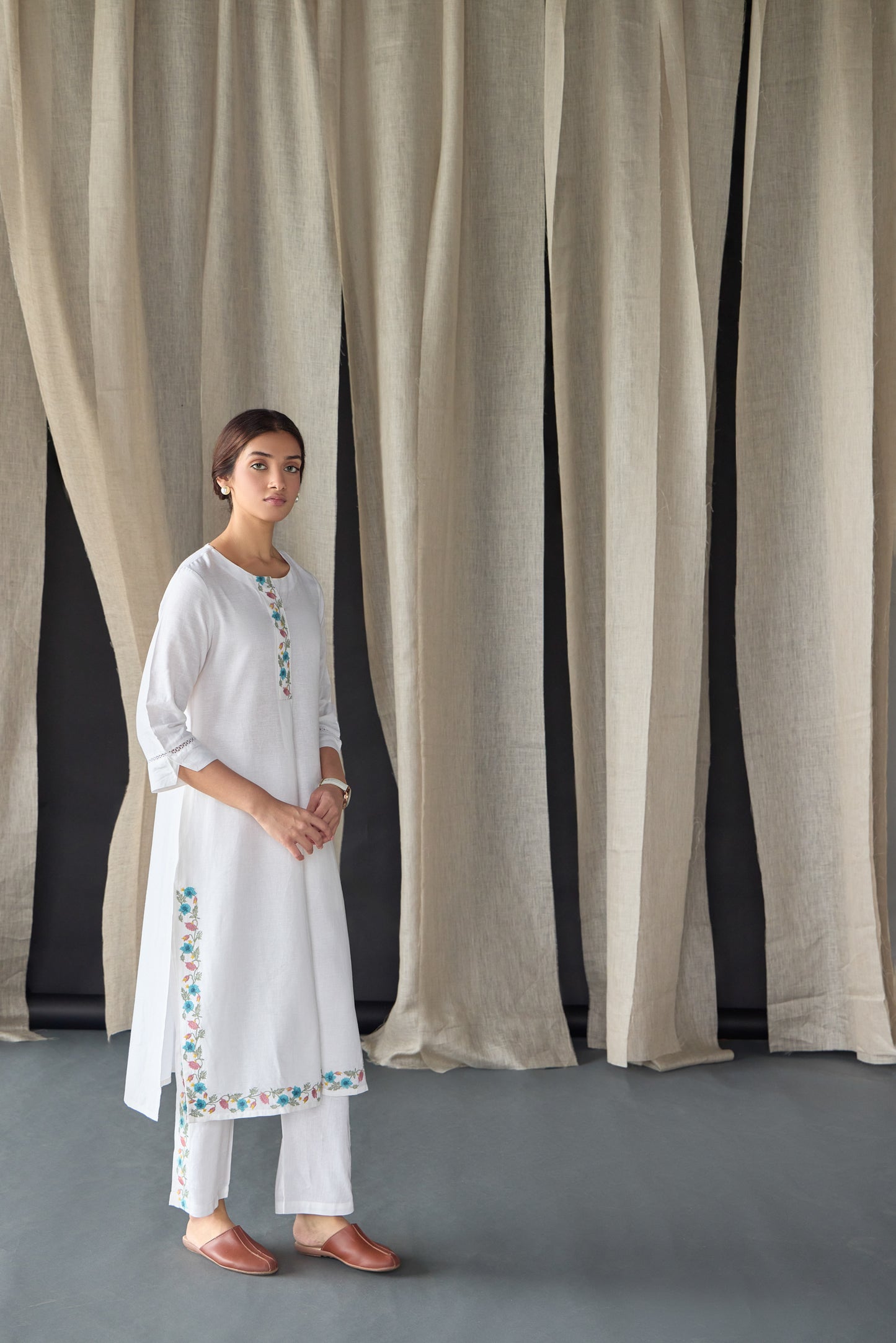 White Floral Embroidered Kurta Set