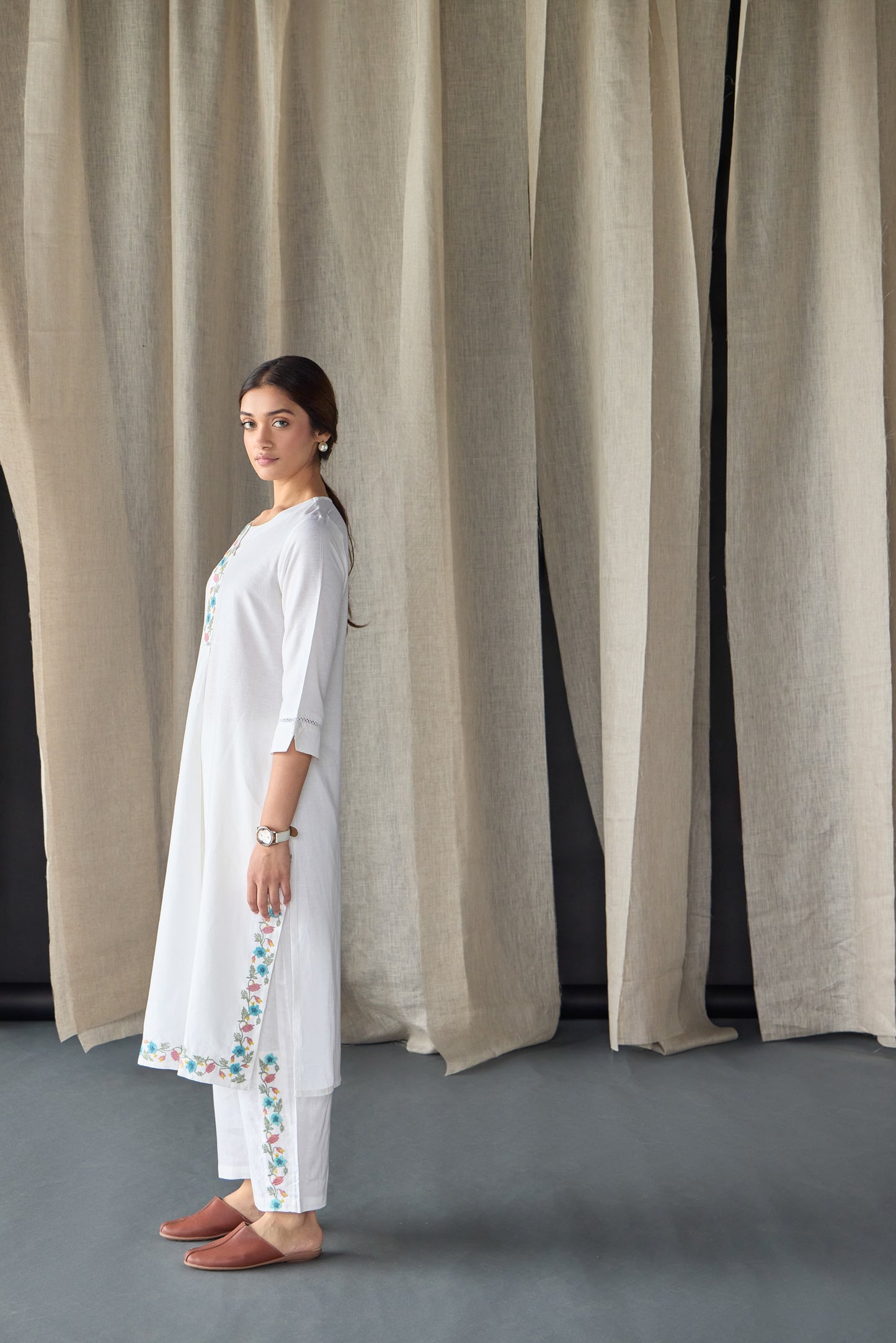 White Floral Embroidered Kurta Set