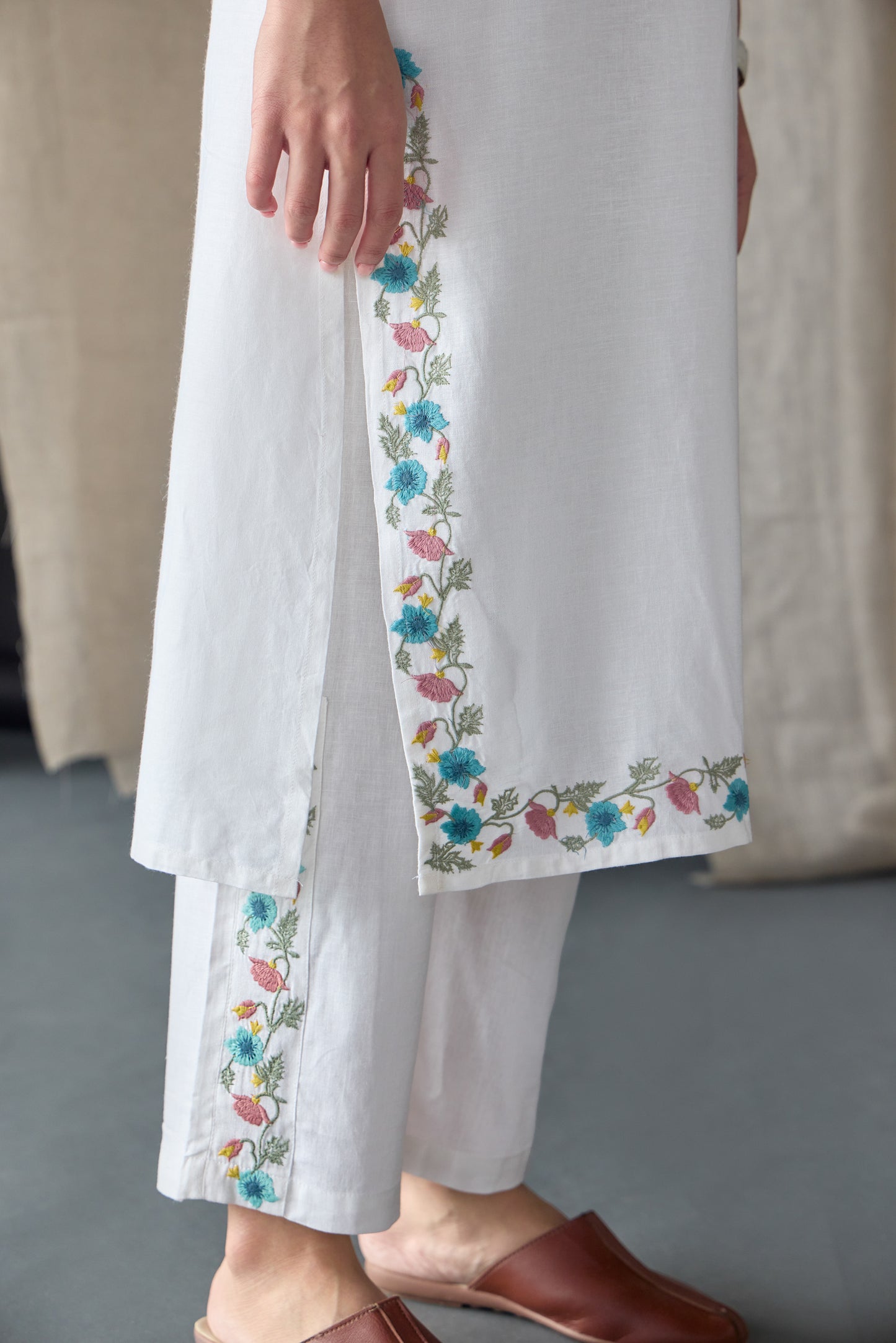 White Floral Embroidered Kurta Set