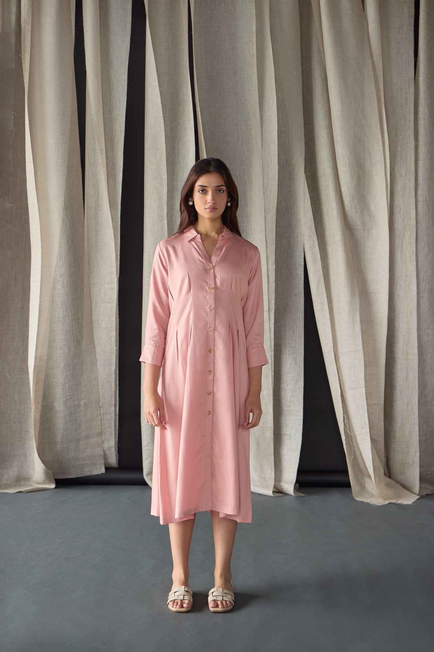 Salmon Pink Fitted Shirt Tencel Dress