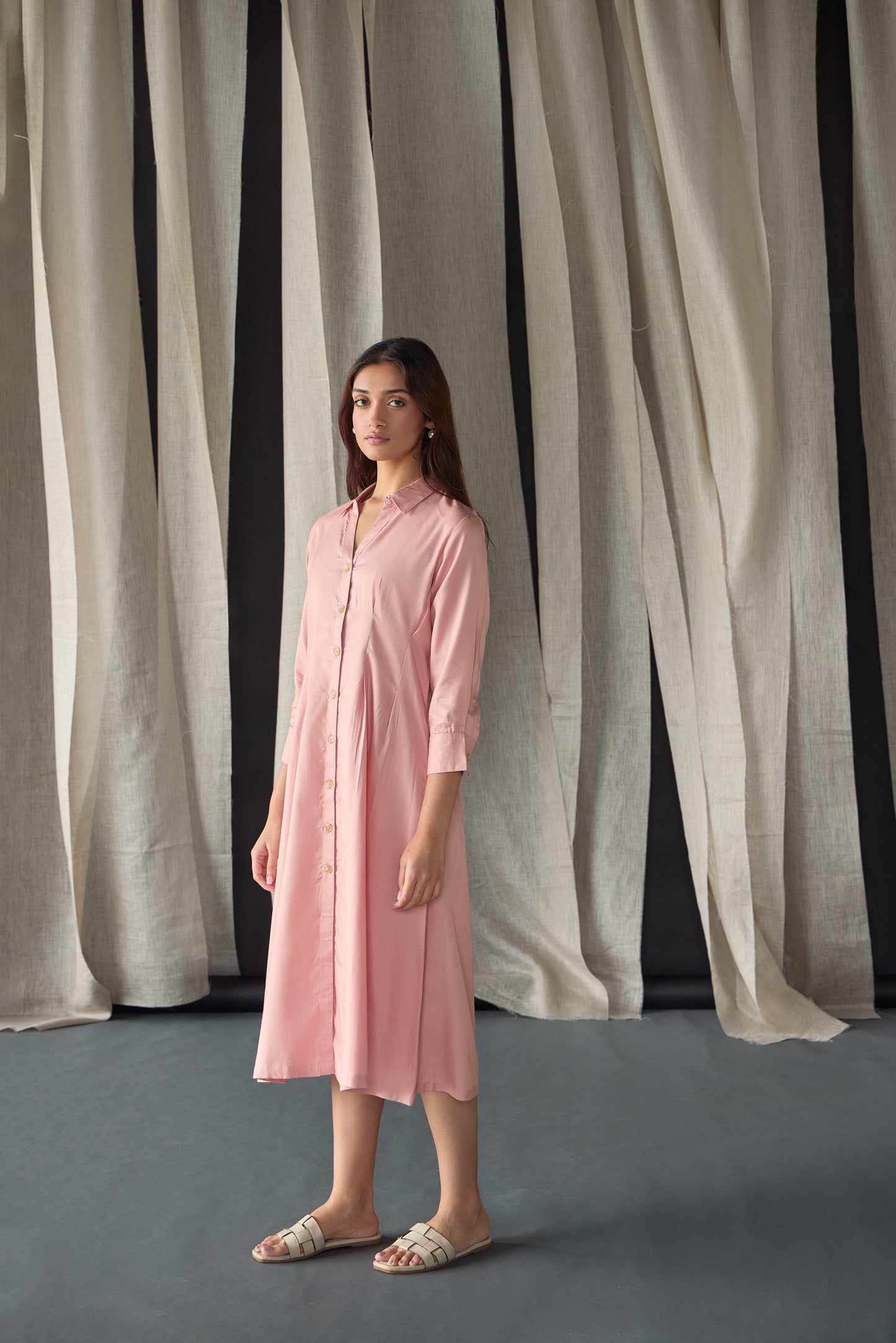 Salmon Pink Fitted Shirt Tencel Dress
