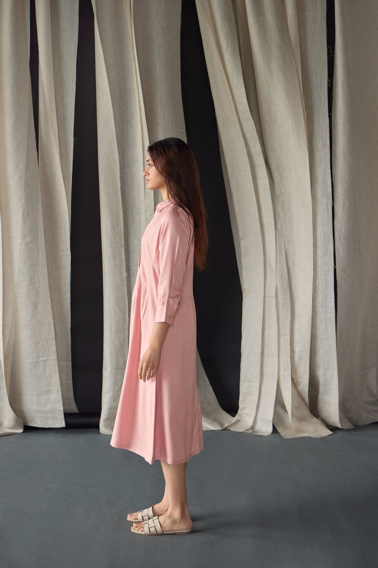 Salmon Pink Fitted Shirt Tencel Dress