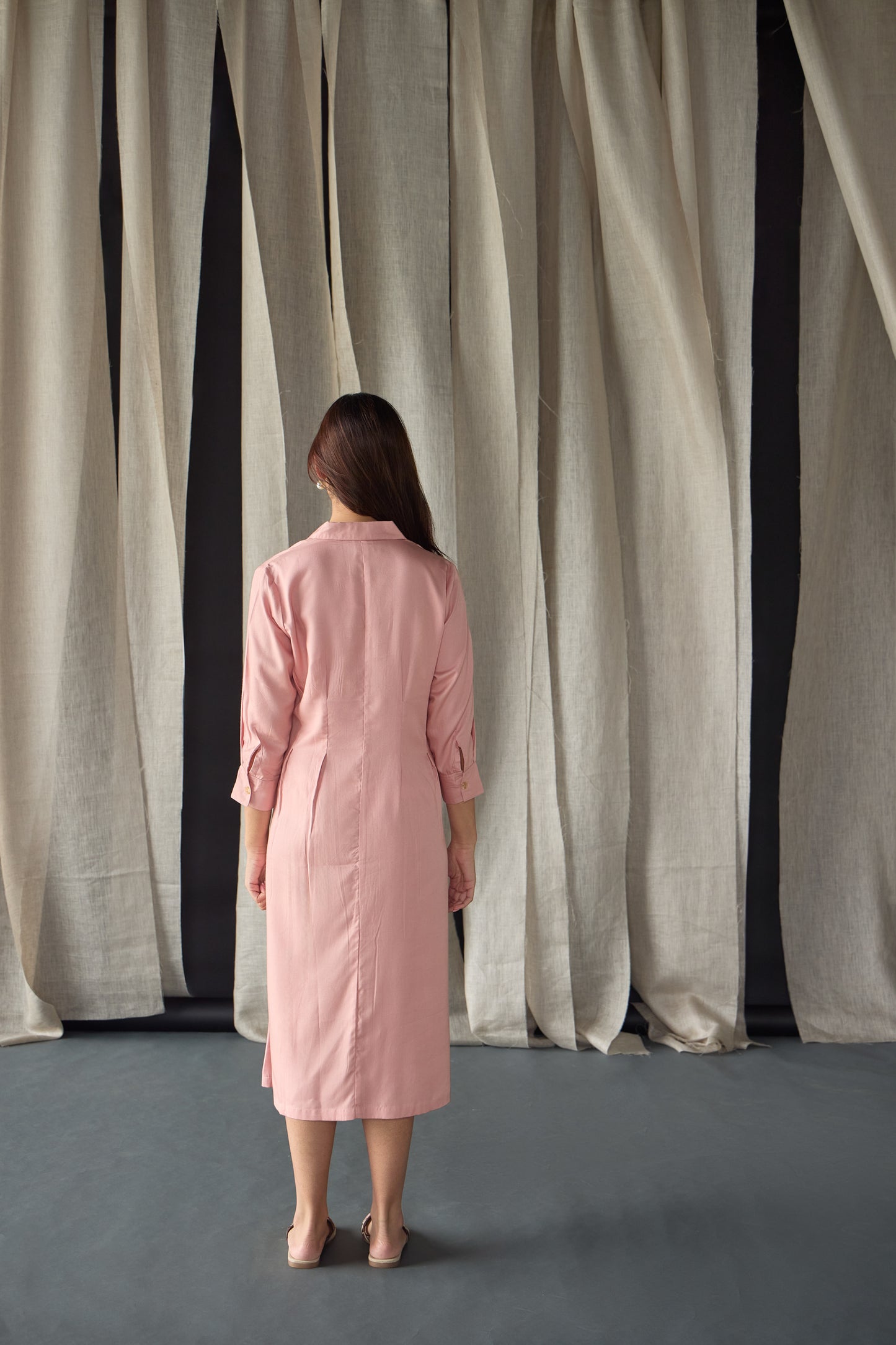 Salmon Pink Fitted Shirt Tencel Dress