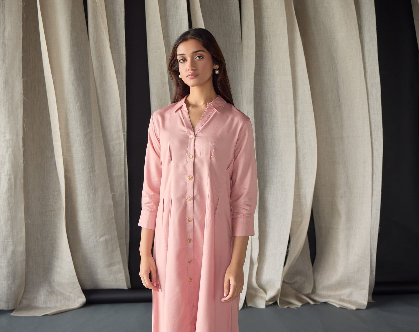 Salmon Pink Fitted Shirt Tencel Dress