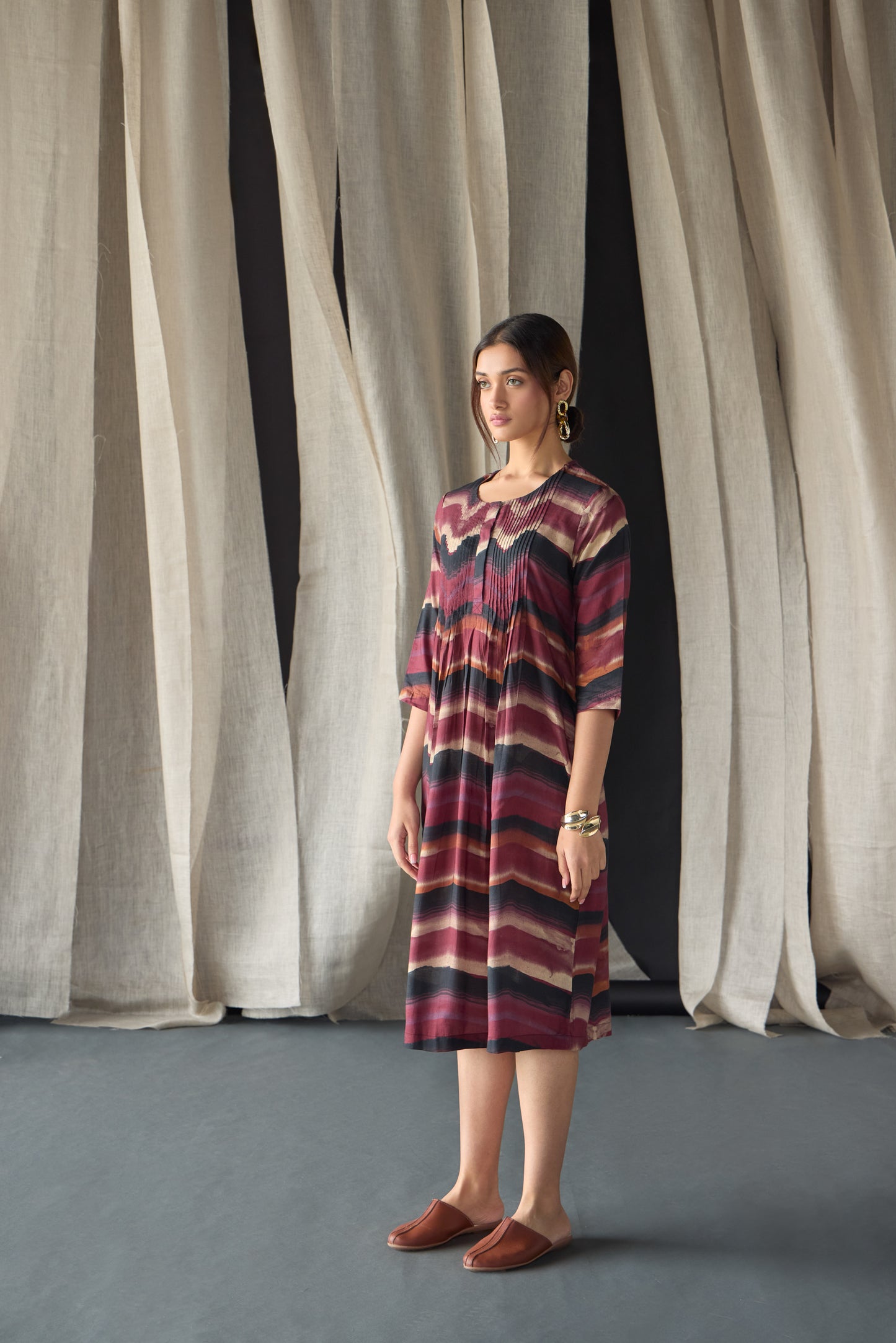 Valley Paint Flowy Silk Dress-Maroon