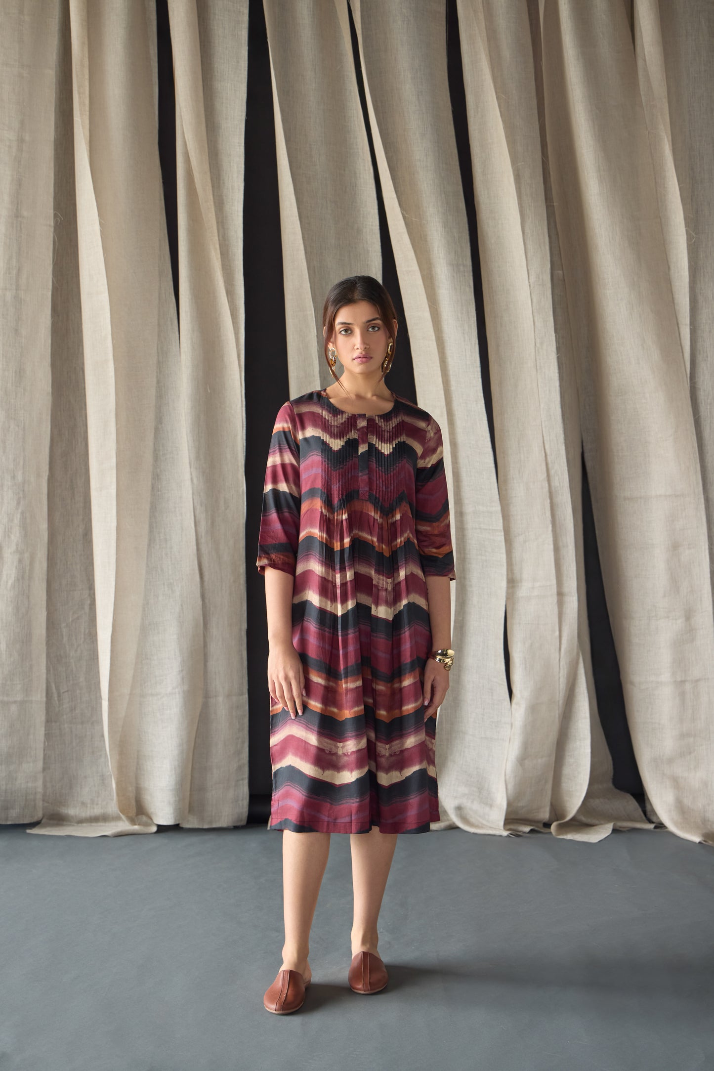 Valley Paint Flowy Silk Dress-Maroon