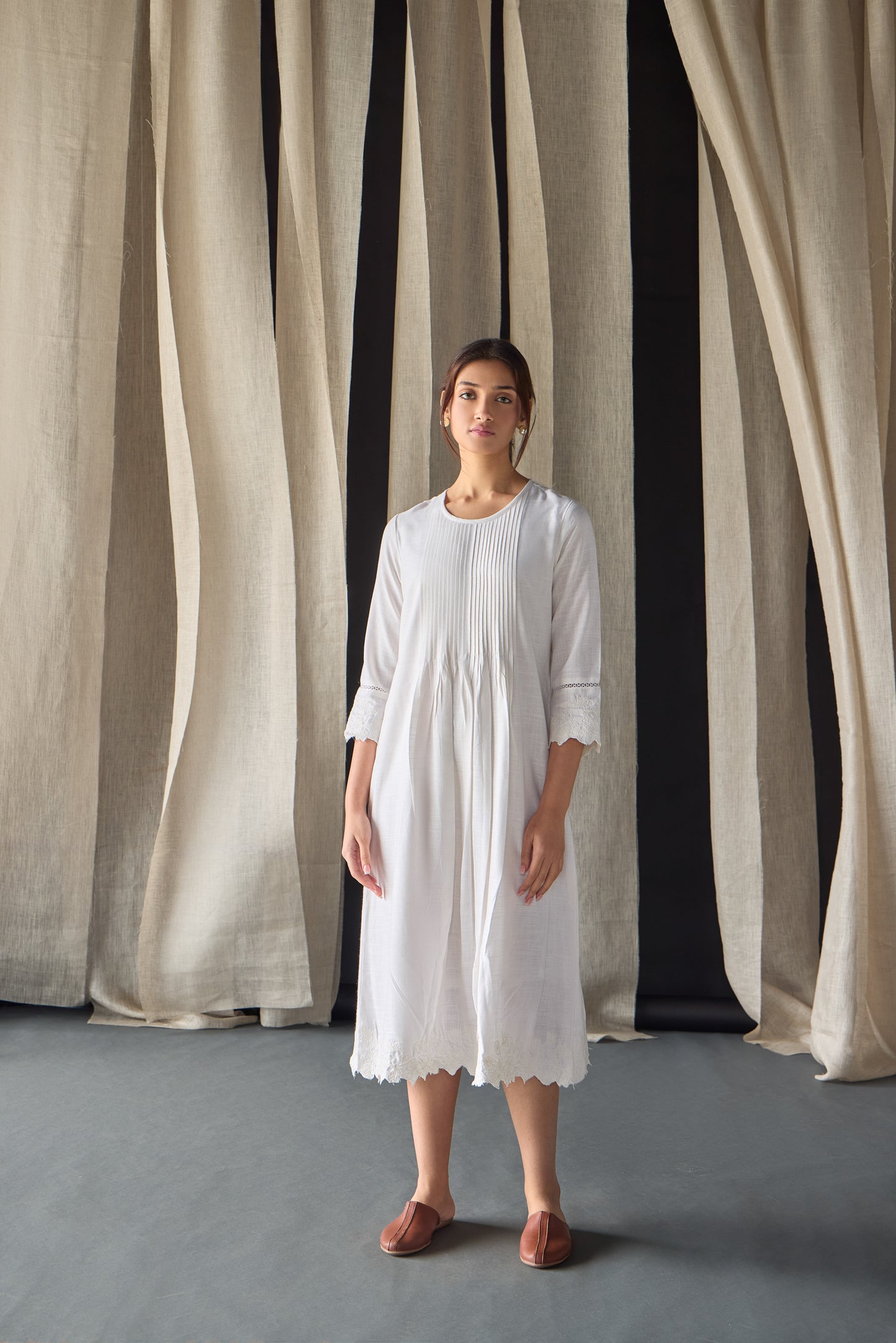 Hand Scalloped & Tonal Embroidered Dress-White