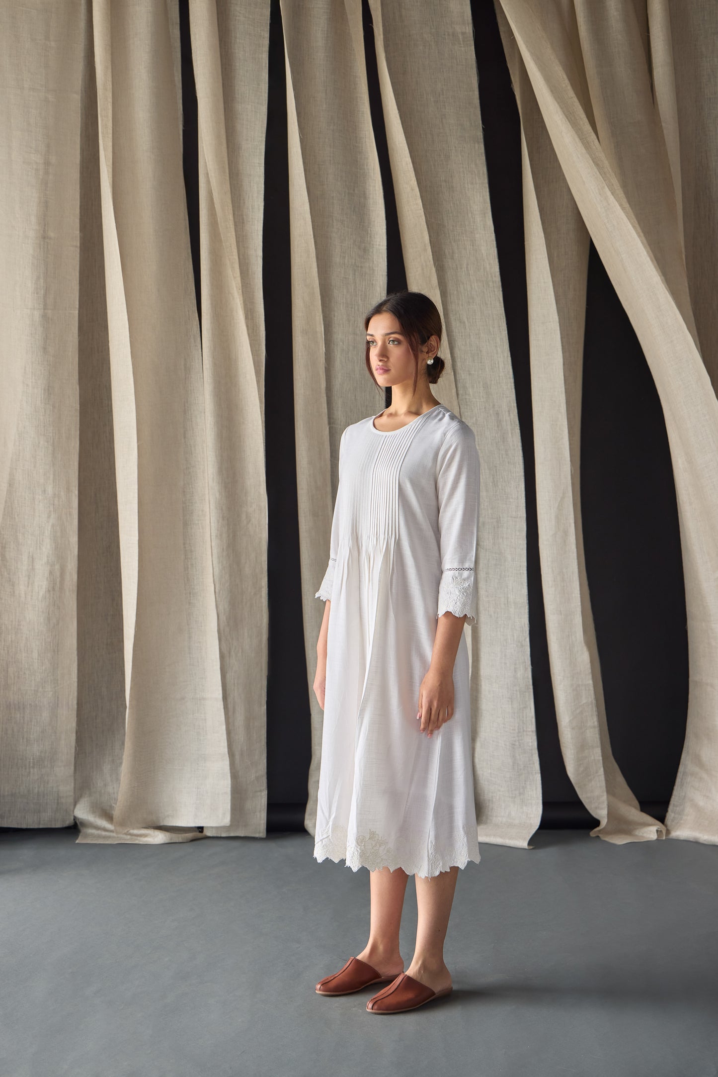 Hand Scalloped & Tonal Embroidered Dress-White