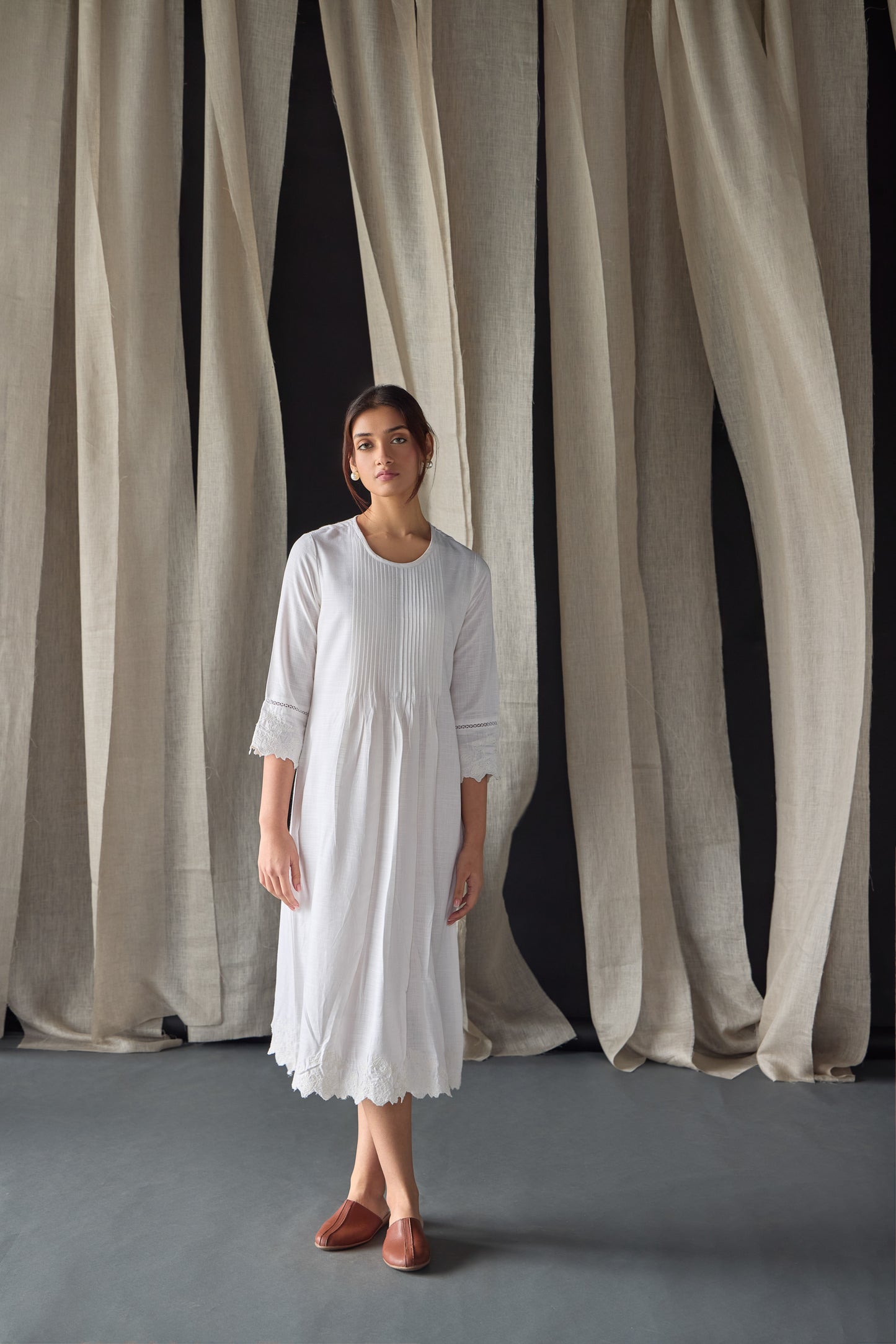 Hand Scalloped & Tonal Embroidered Dress-White