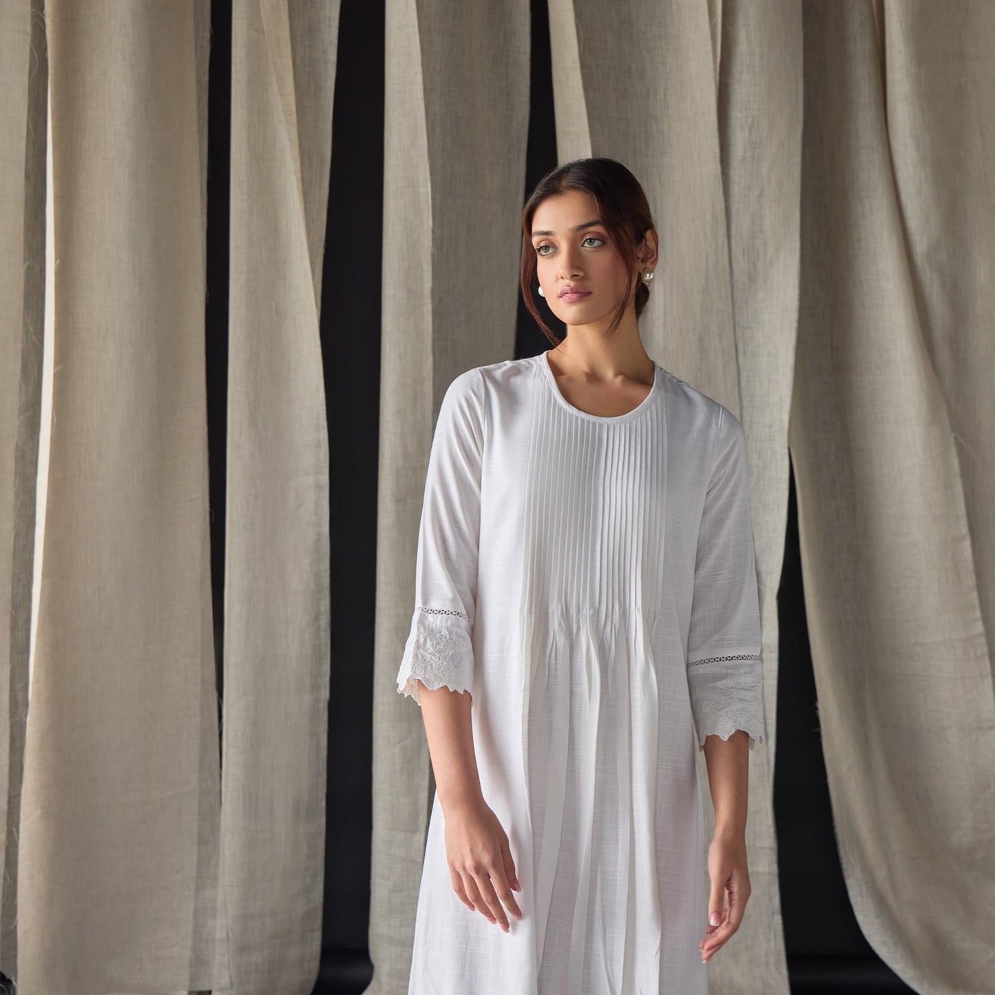 Hand Scalloped & Tonal Embroidered Dress-White