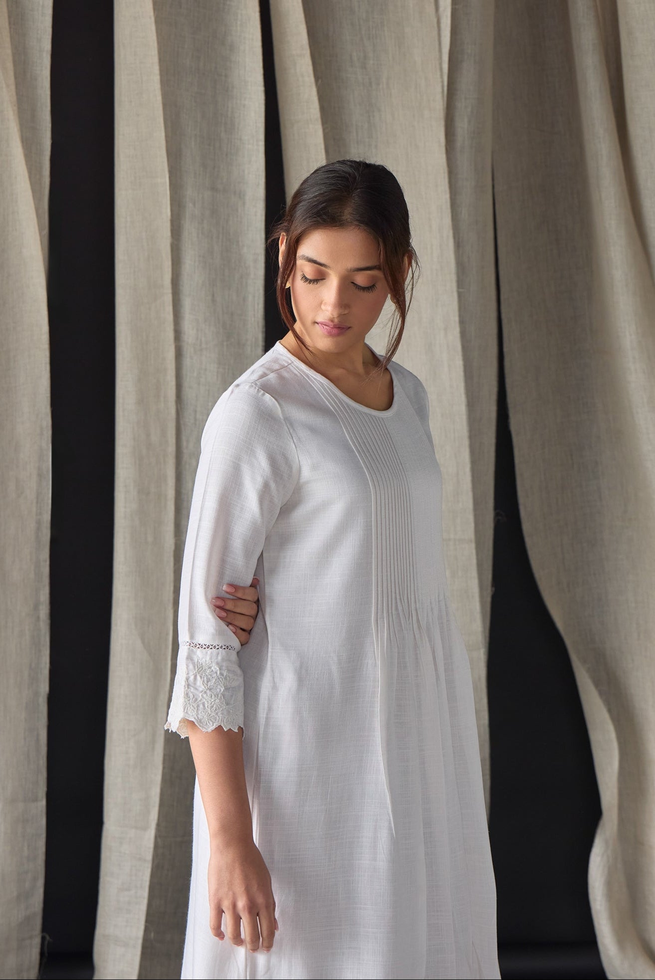 Hand Scalloped & Tonal Embroidered Dress-White