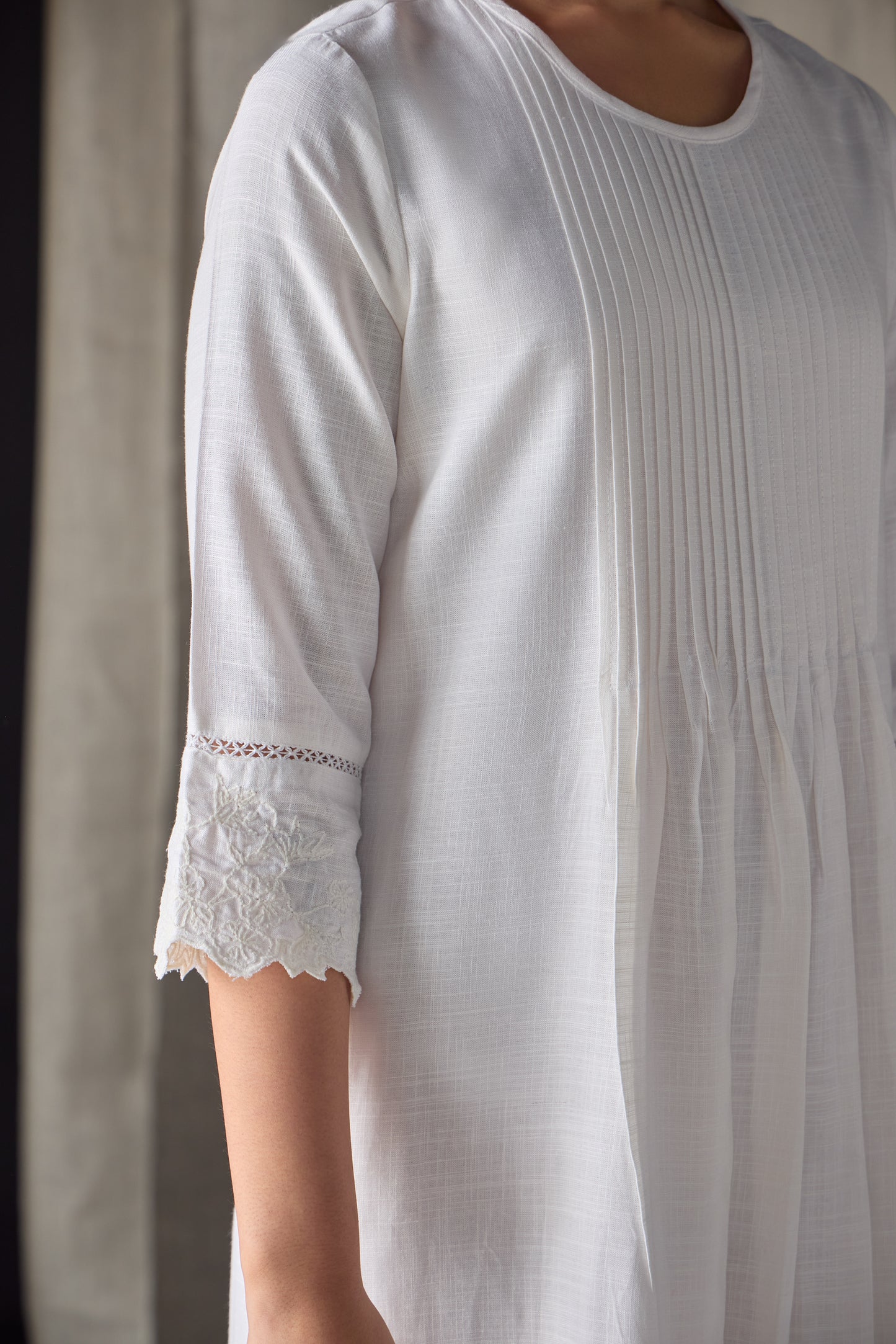 Hand Scalloped & Tonal Embroidered Dress-White