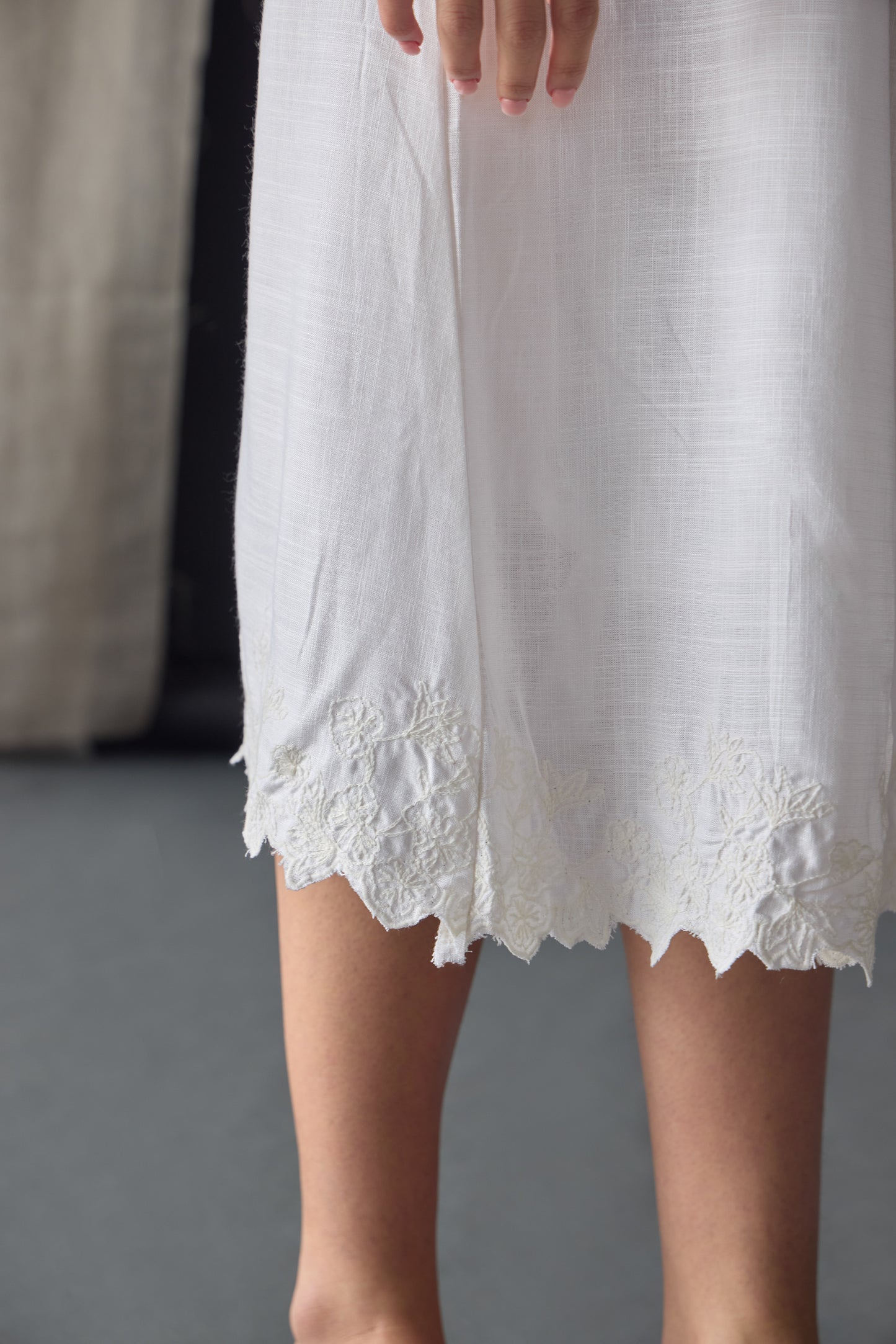 Hand Scalloped & Tonal Embroidered Dress-White