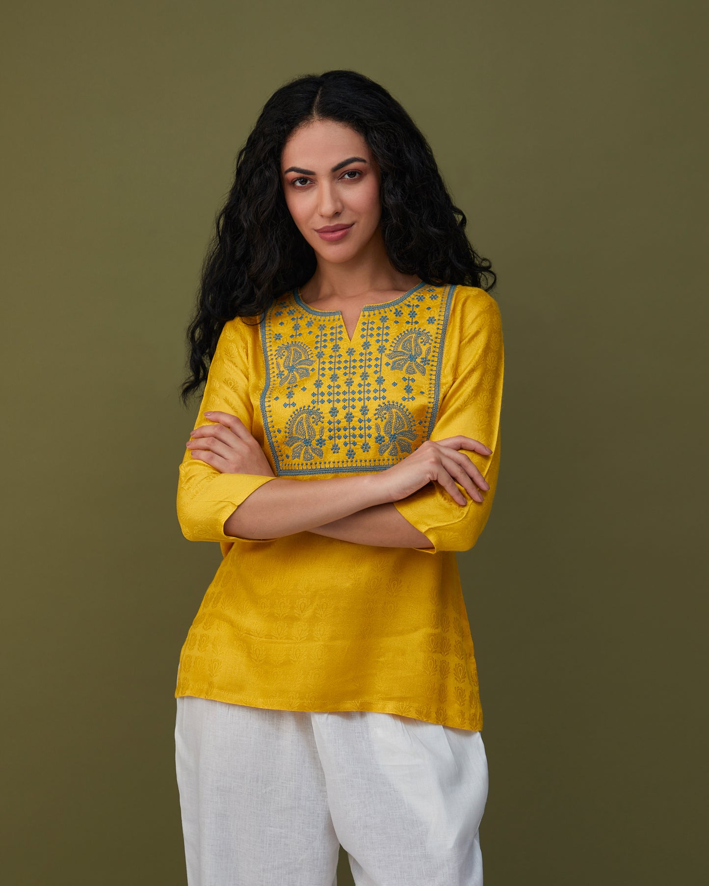 Yellow Jacquard Embroidered Tunic