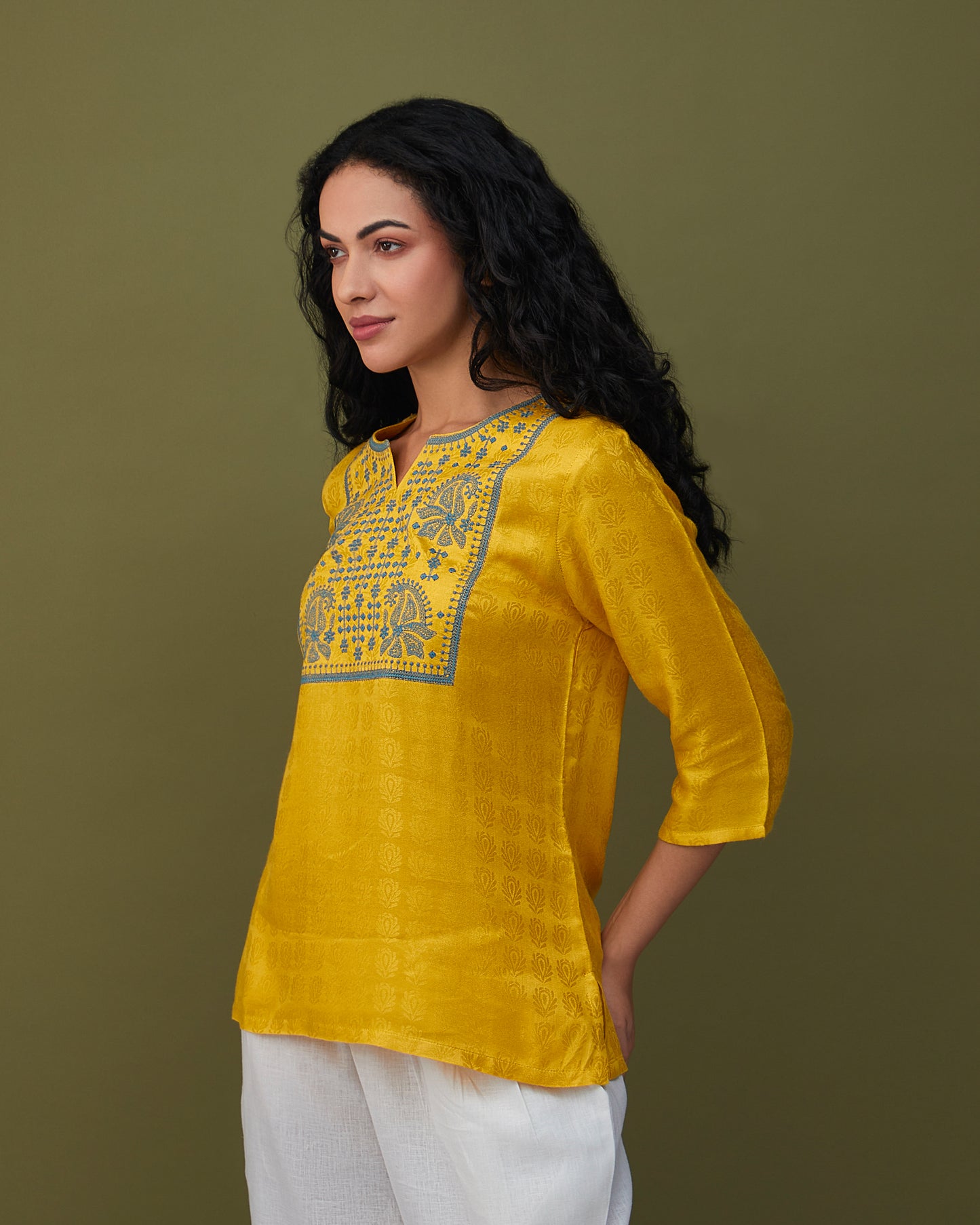 Yellow Jacquard Embroidered Tunic