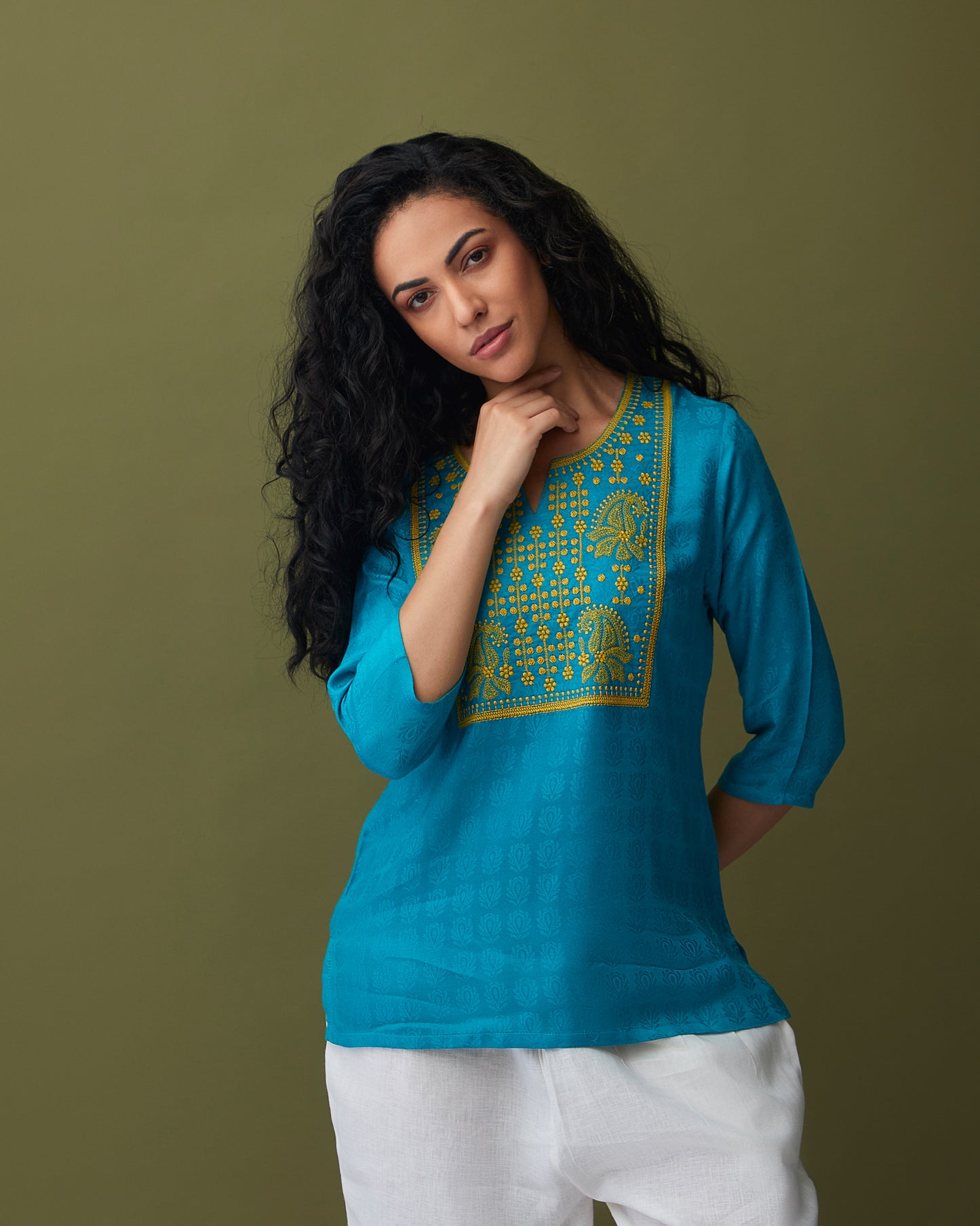 Turquoise Jacquard Embroidered Tunic