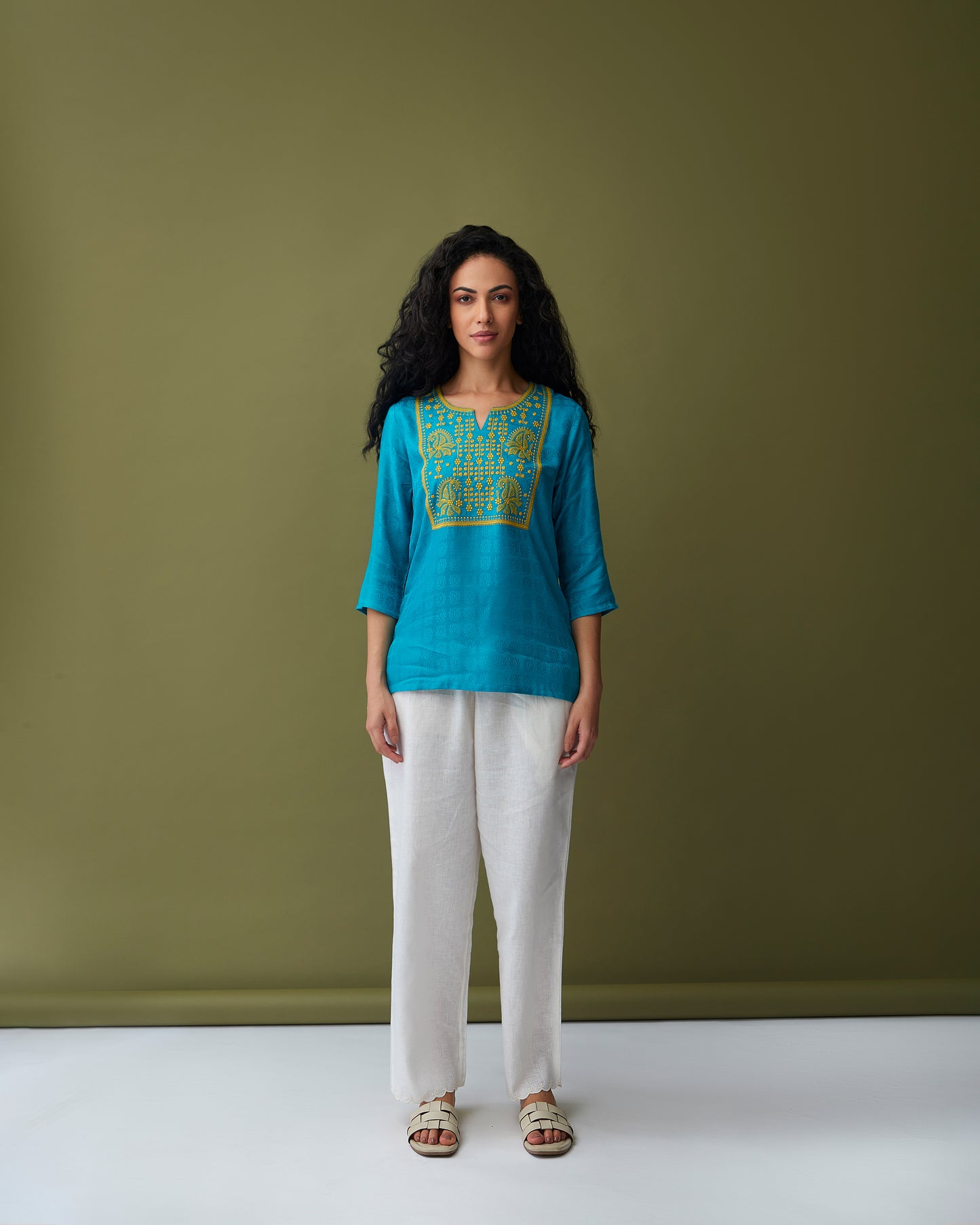 Turquoise Jacquard Embroidered Tunic
