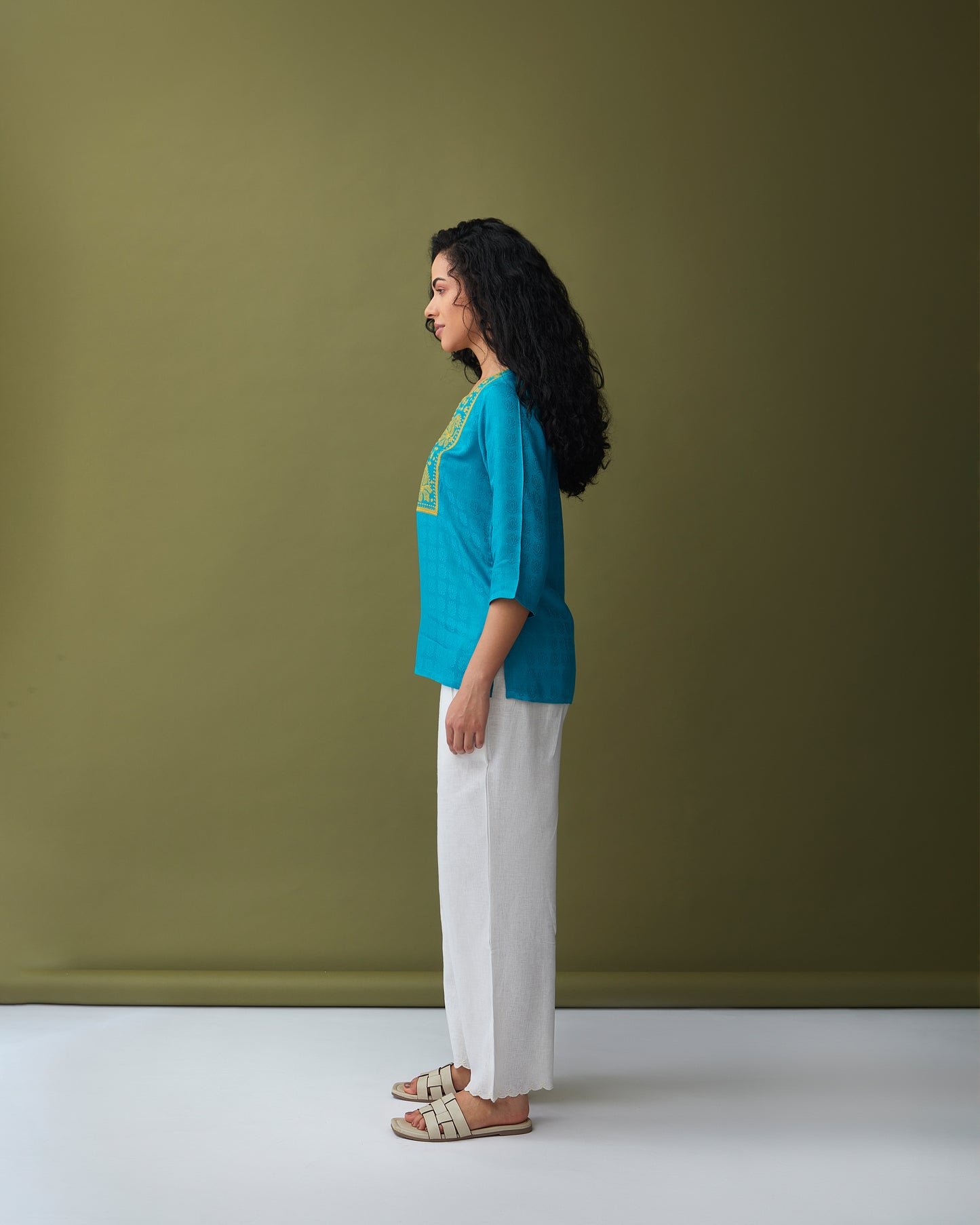 Turquoise Jacquard Embroidered Tunic