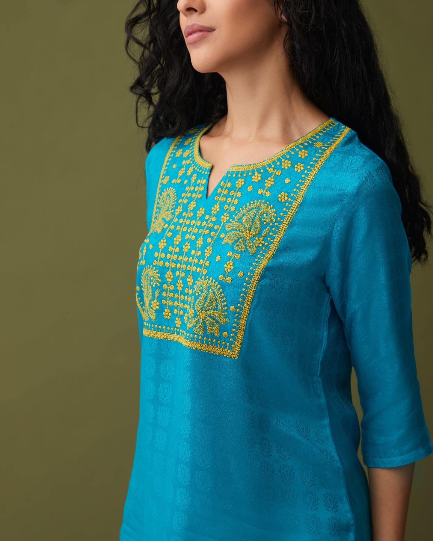 Turquoise Jacquard Embroidered Tunic