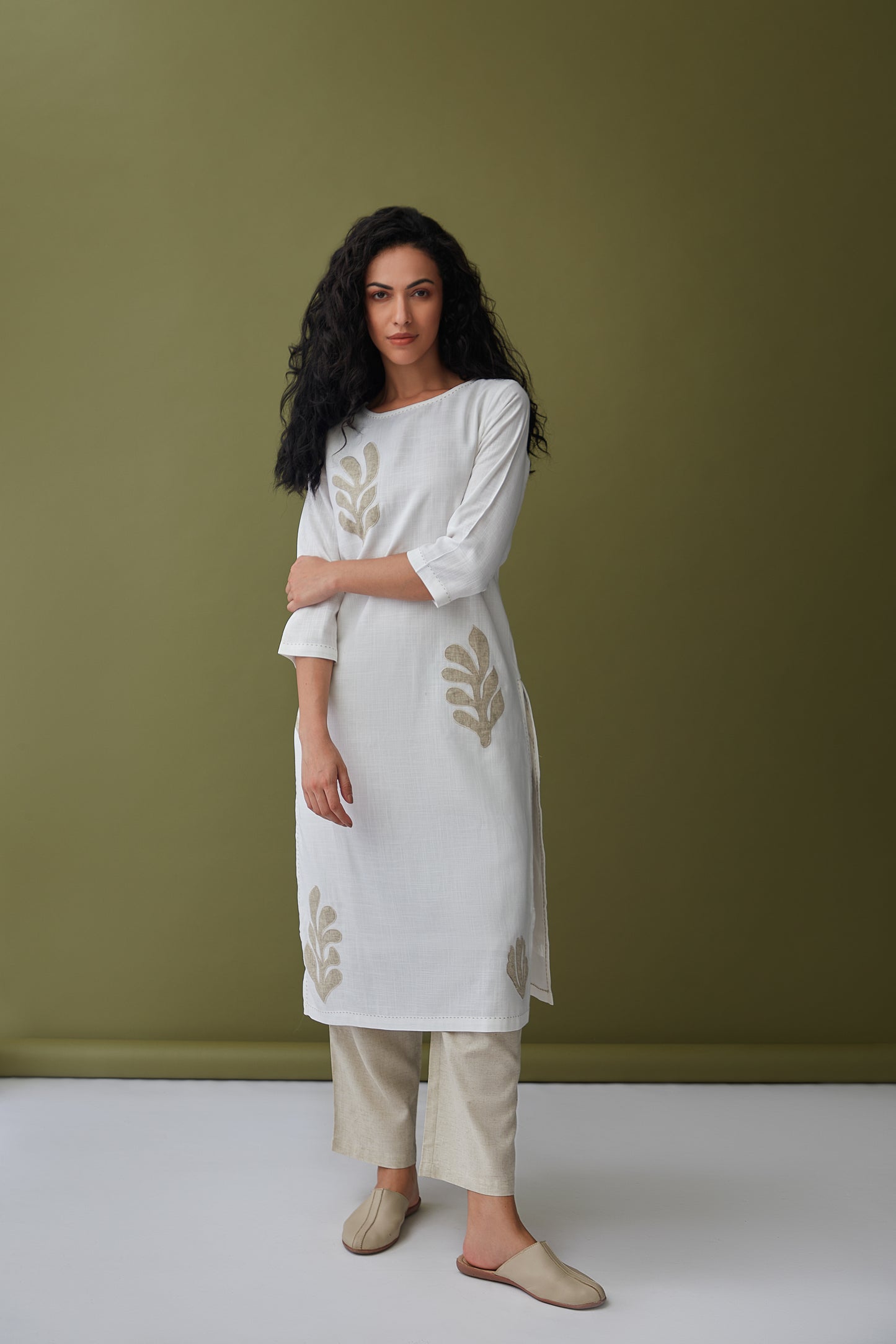 White Applique Linen Kurta Set