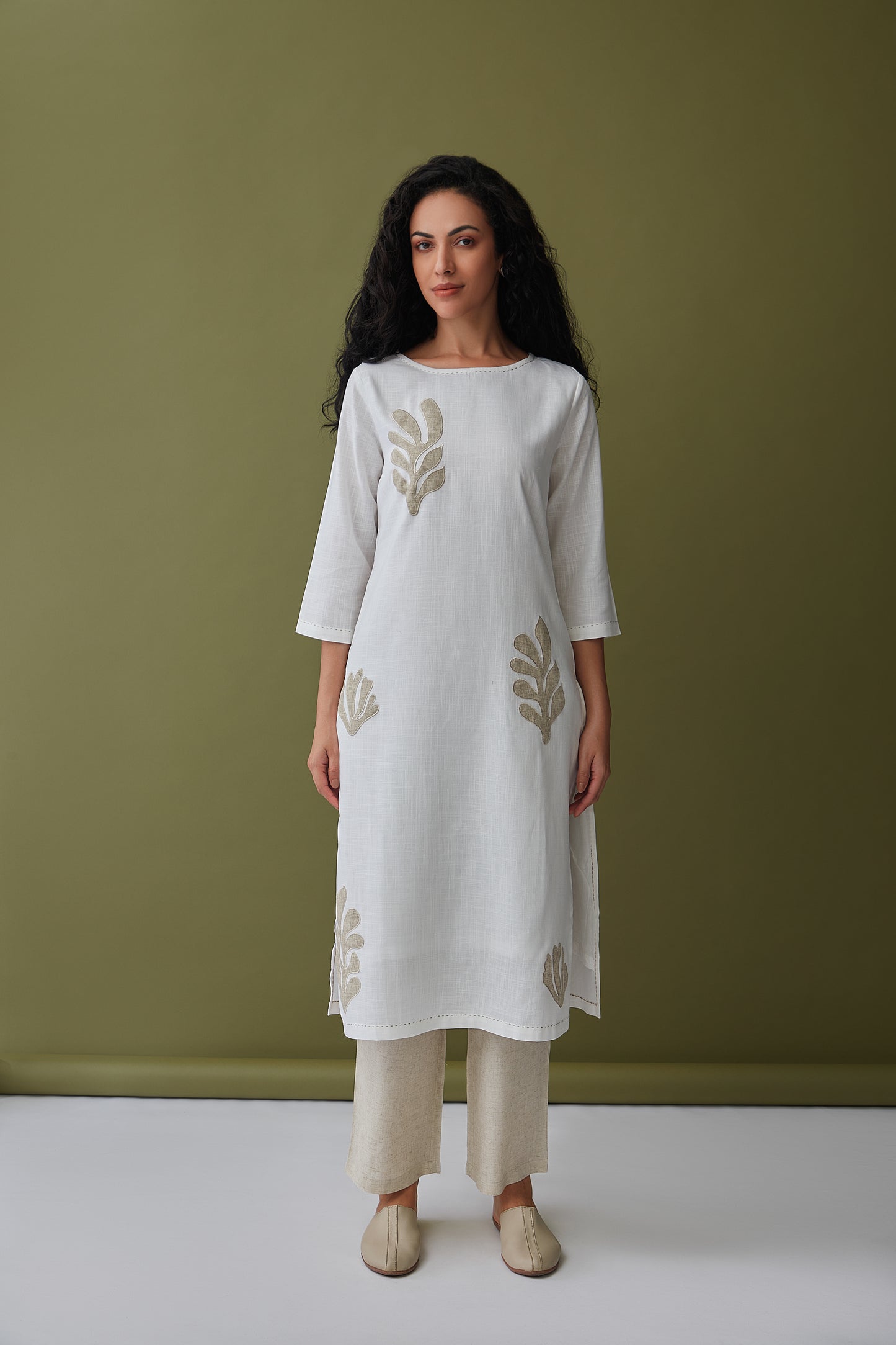 White Applique Linen Kurta Set