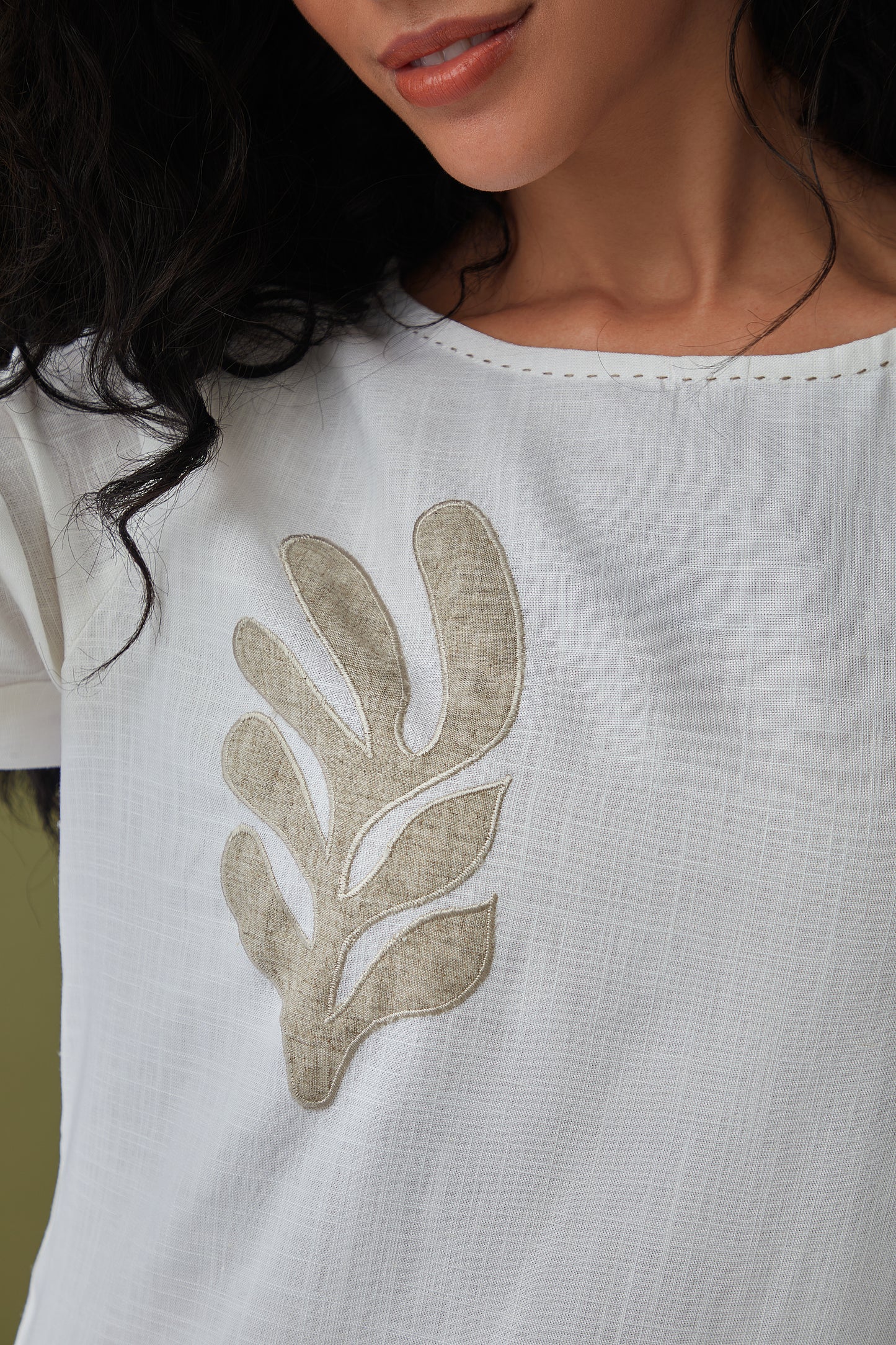 White Applique Linen Kurta Set
