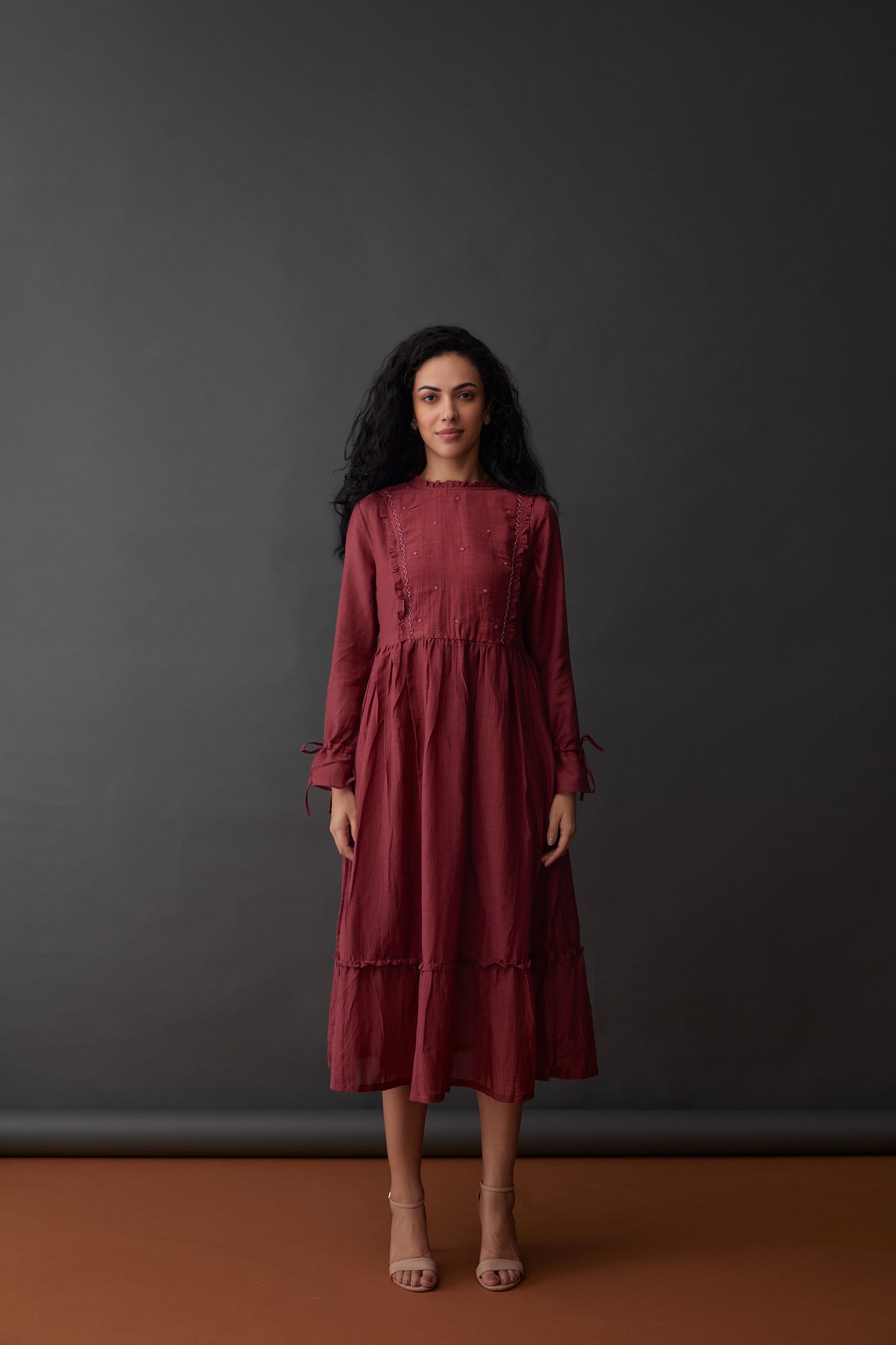 Vegan Cupro Crinkle Plum Red Dress