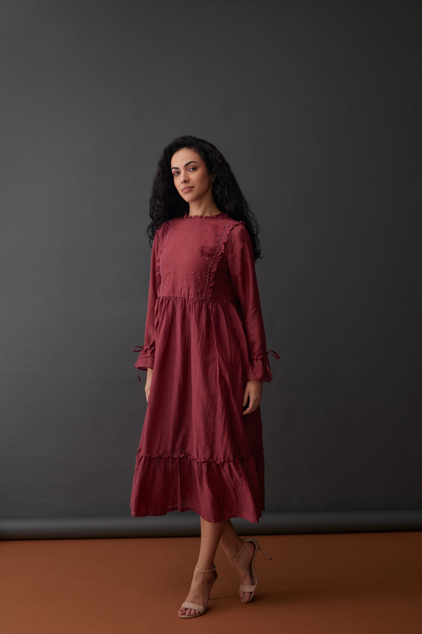 Vegan Cupro Crinkle Plum Red Dress