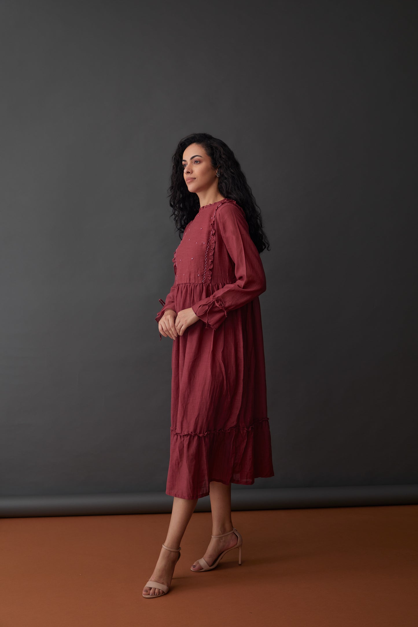 Vegan Cupro Crinkle Plum Red Dress