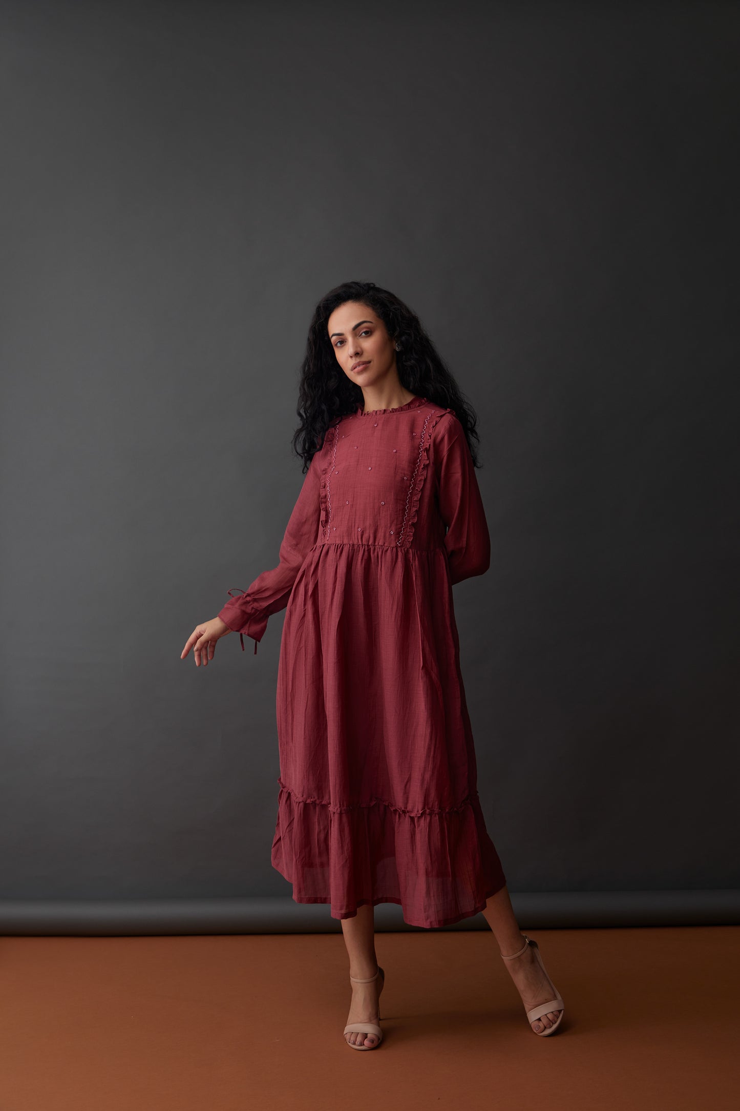 Vegan Cupro Crinkle Plum Red Dress
