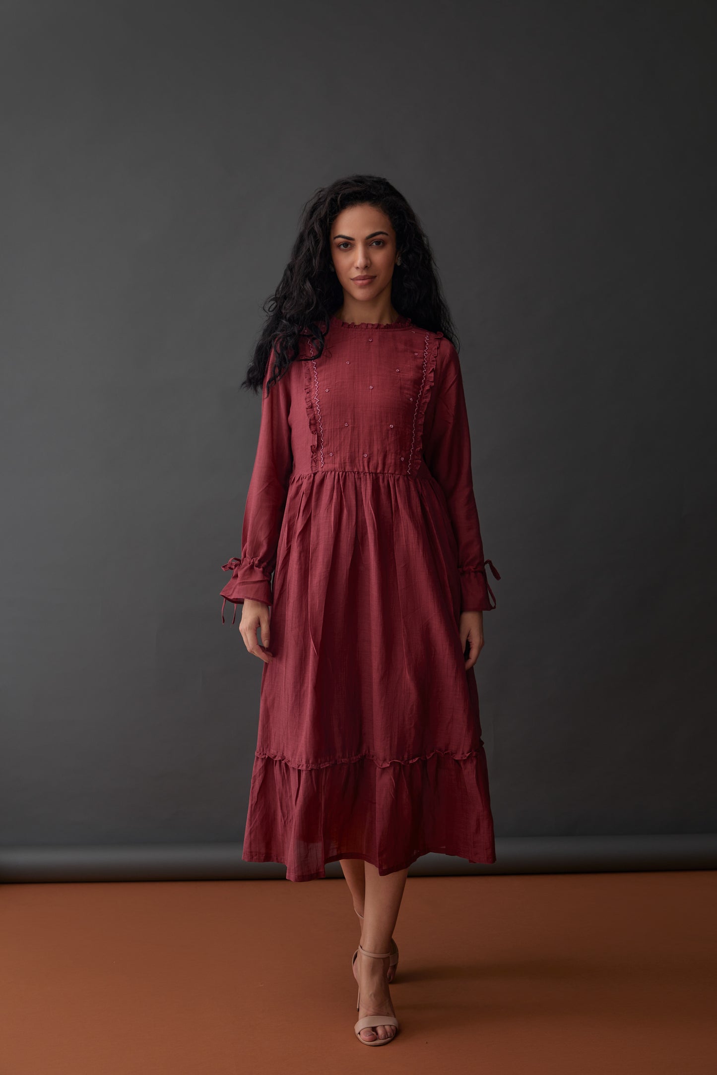 Vegan Cupro Crinkle Plum Red Dress