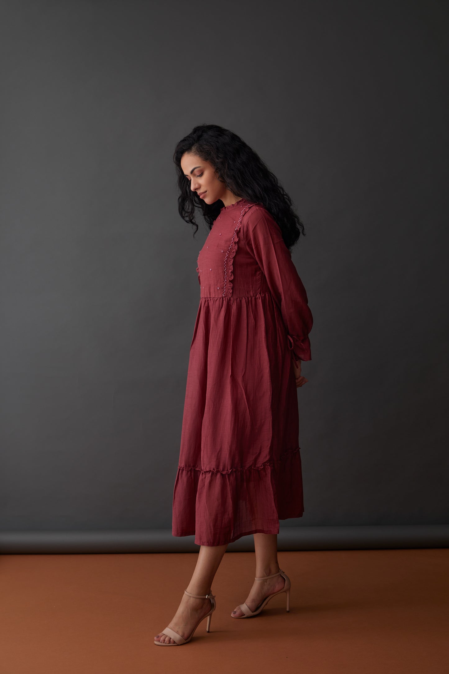 Vegan Cupro Crinkle Plum Red Dress