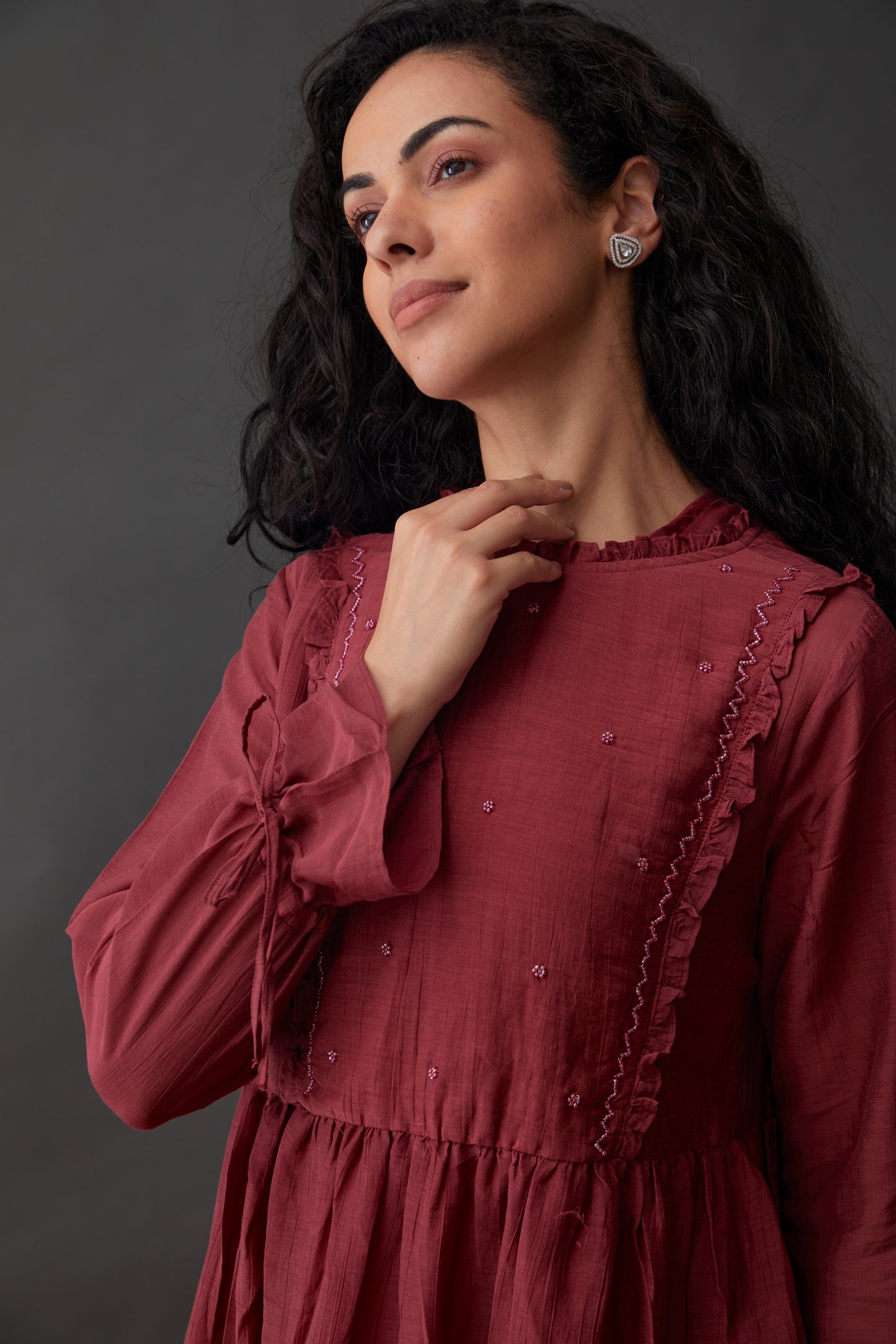 Vegan Cupro Crinkle Plum Red Dress