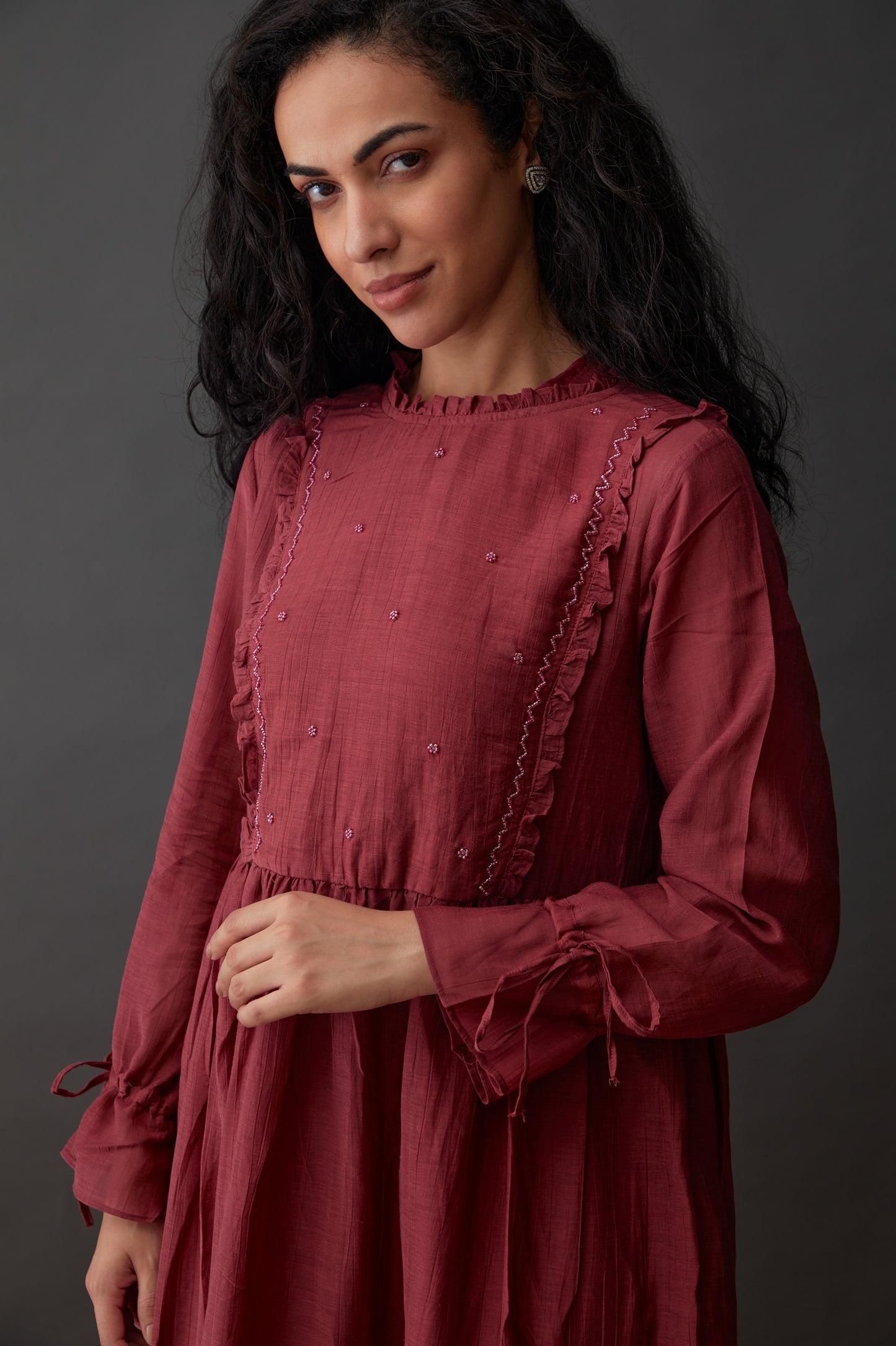 Vegan Cupro Crinkle Plum Red Dress