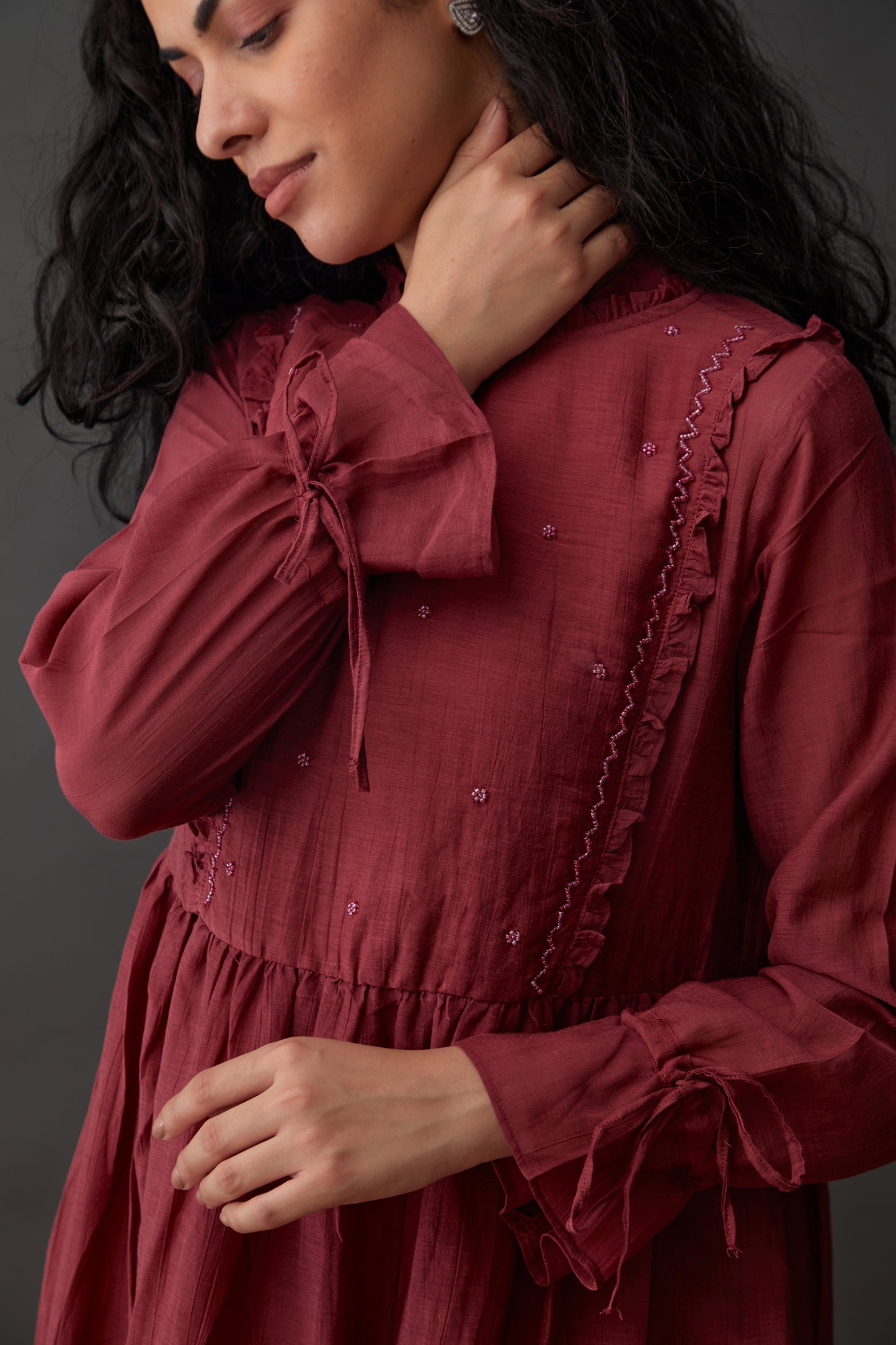 Vegan Cupro Crinkle Plum Red Dress