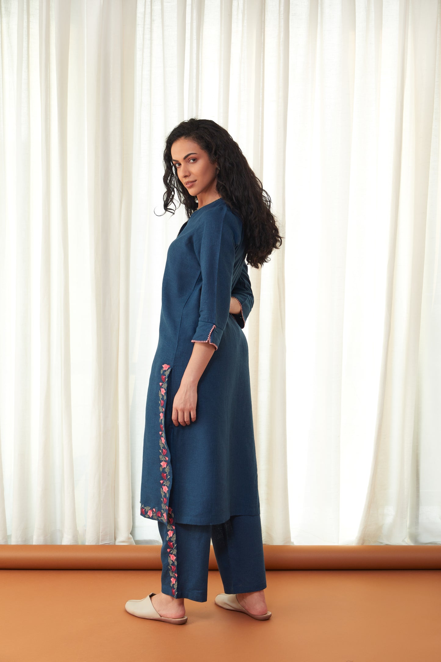 Blue Floral Linen Kurta Set