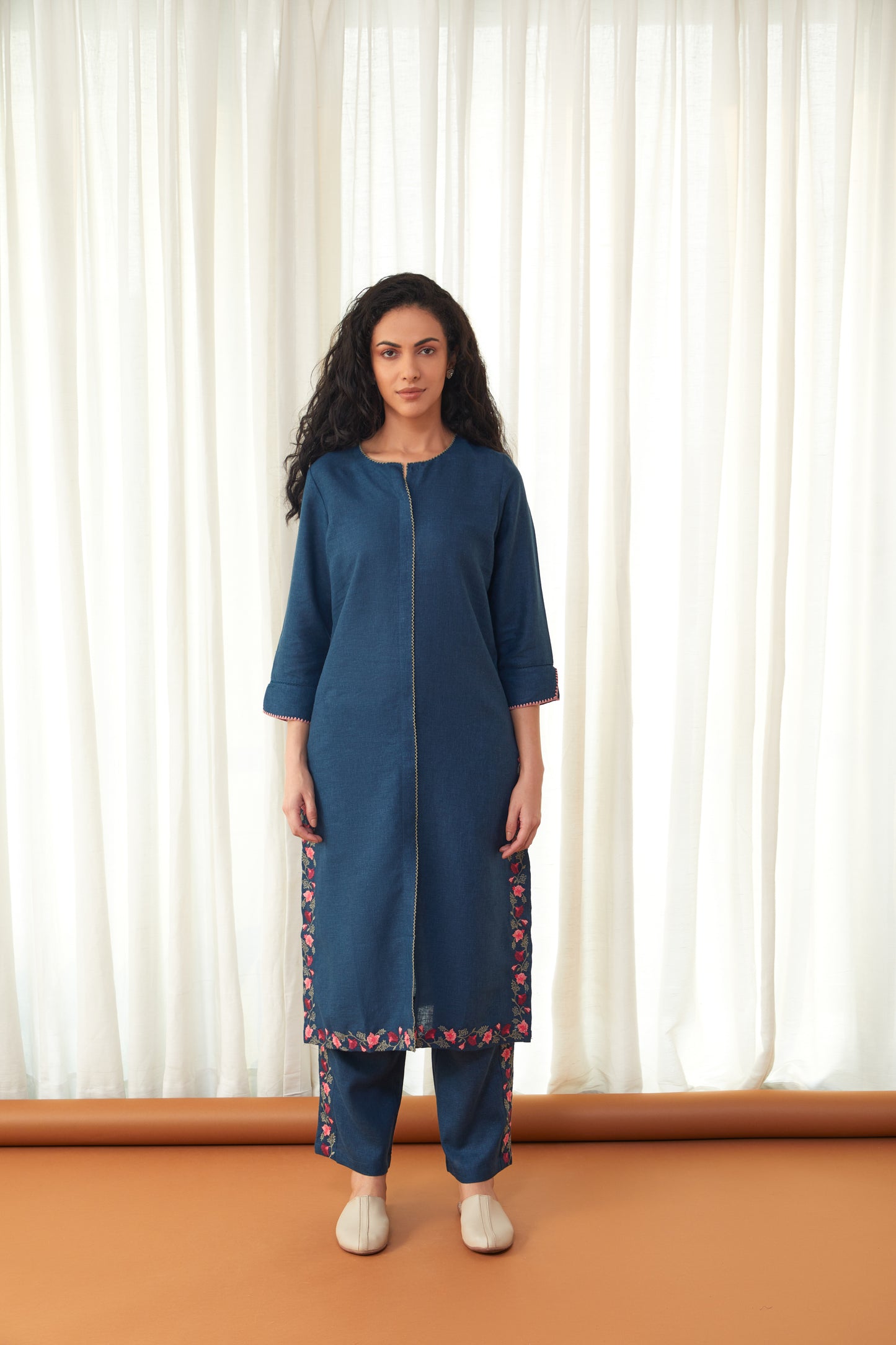 Blue Floral Linen Kurta Set