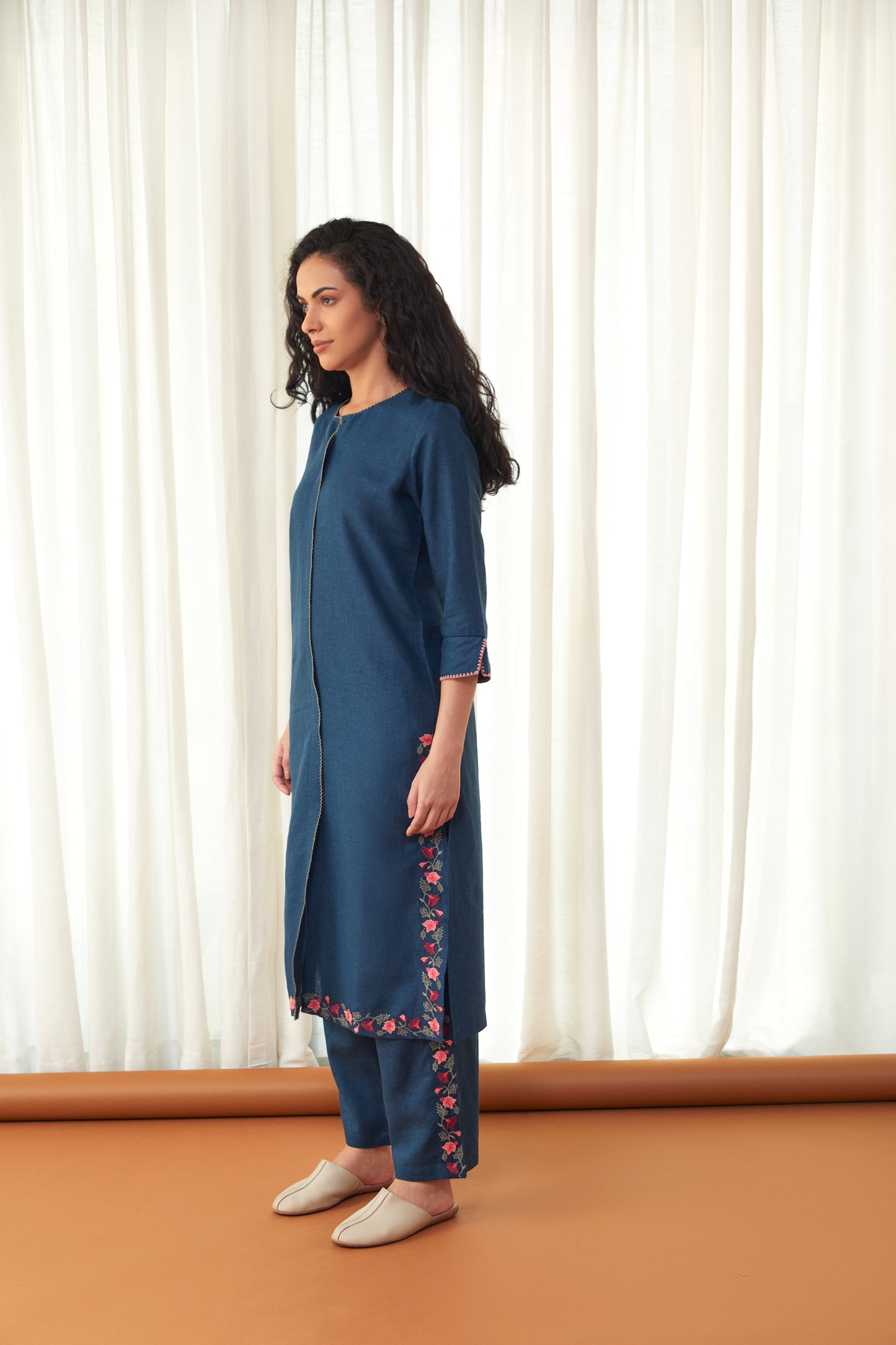 Blue Floral Linen Kurta Set