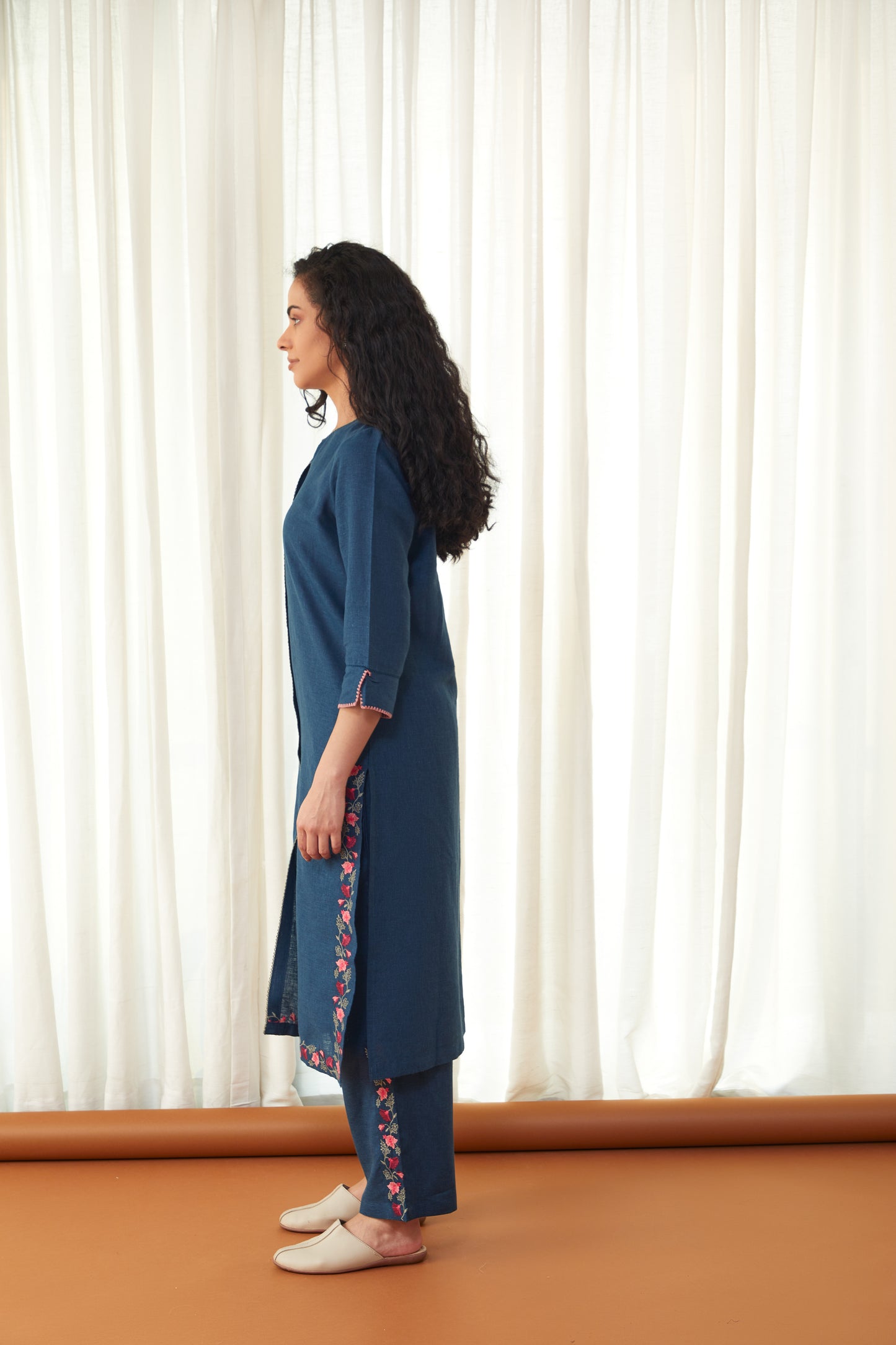 Blue Floral Linen Kurta Set