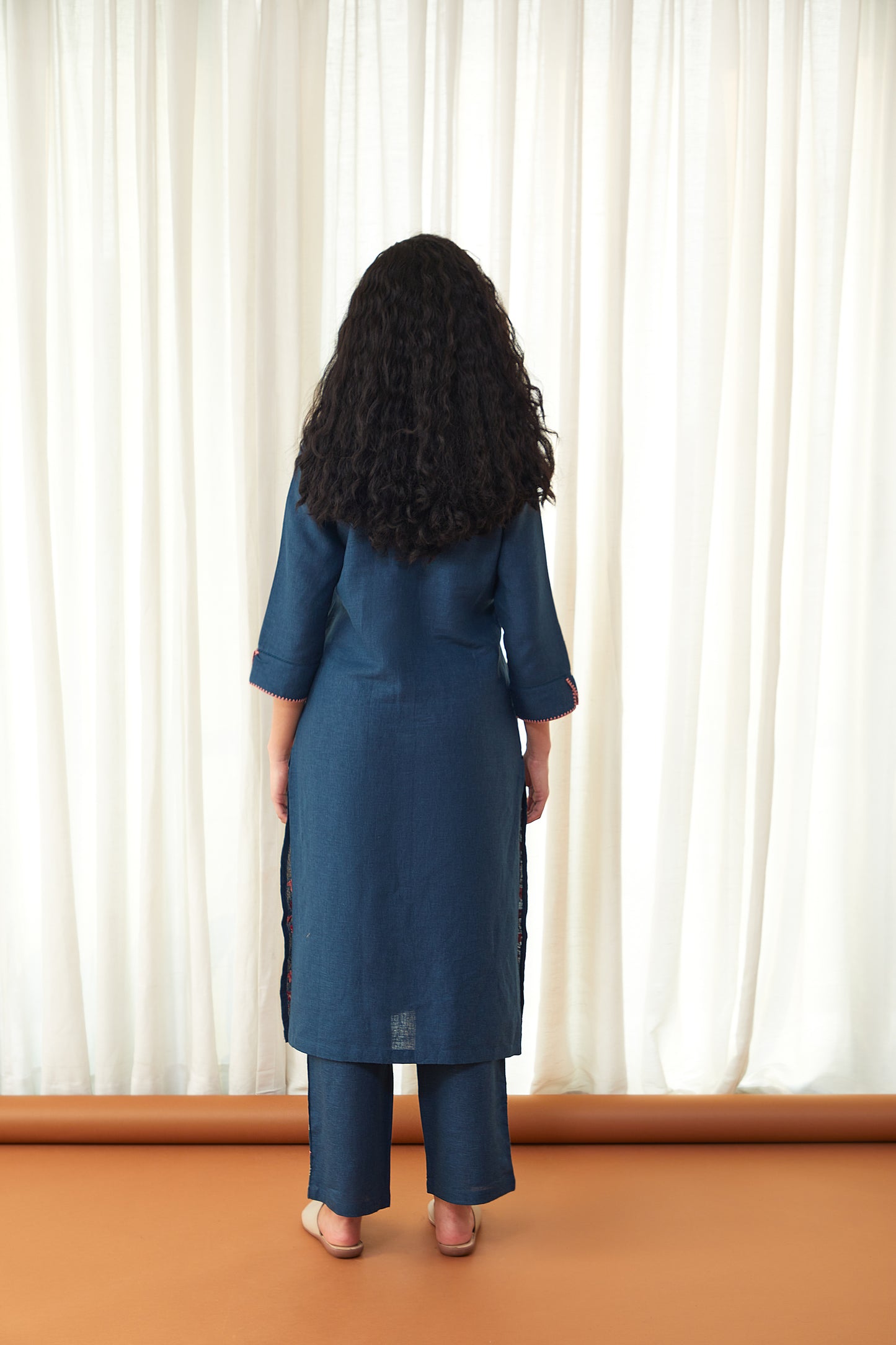 Blue Floral Linen Kurta Set