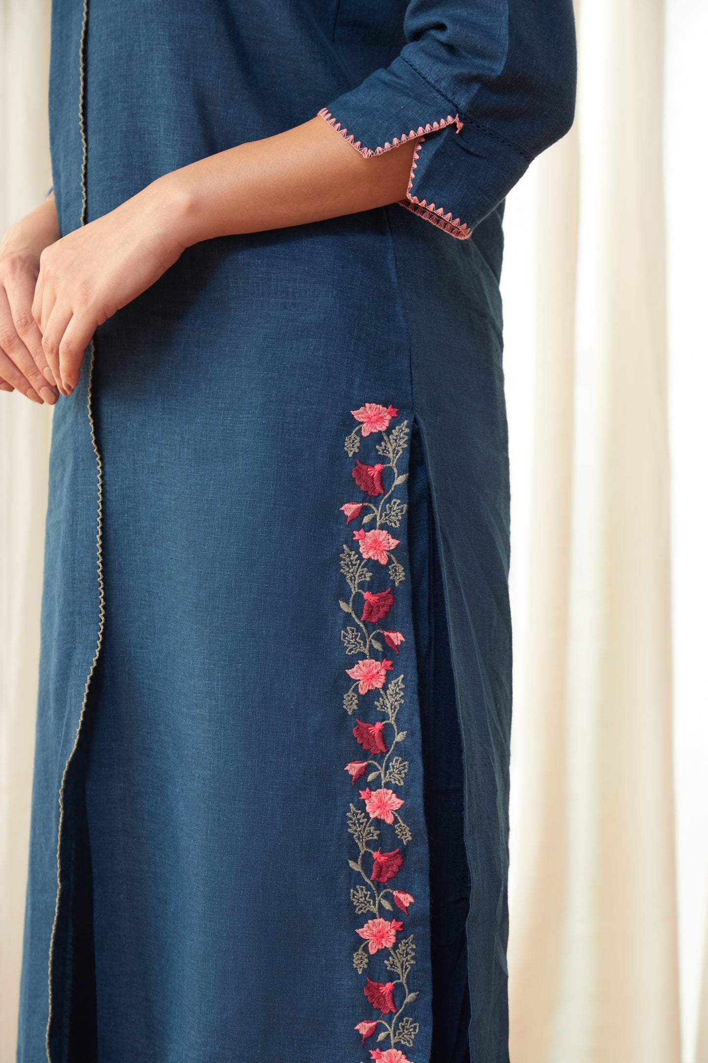 Blue Floral Linen Kurta Set