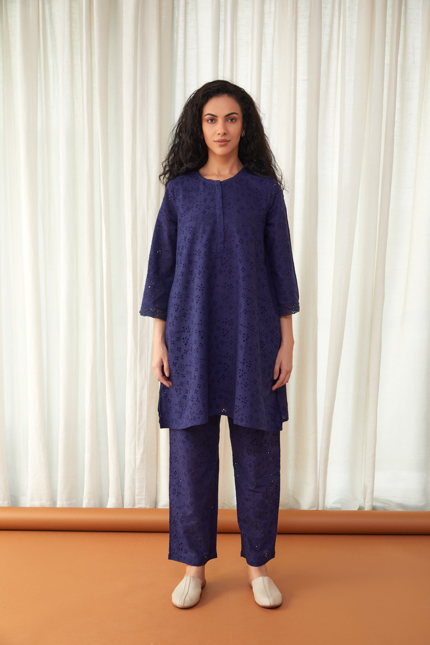 Flared Midnight Blue Cutwork Cotton Co-ord Set