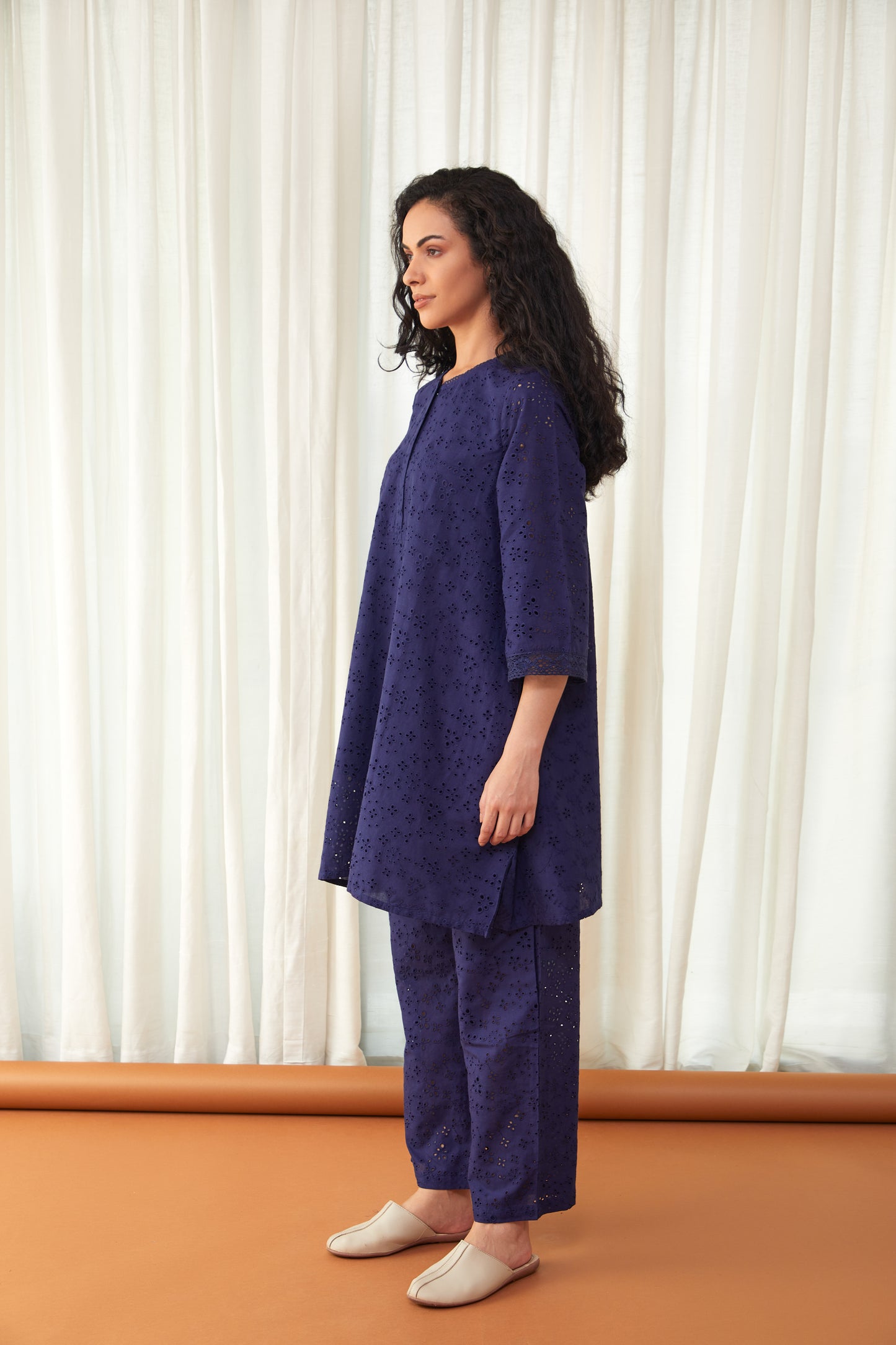 Flared Midnight Blue Cutwork Cotton Co-ord Set