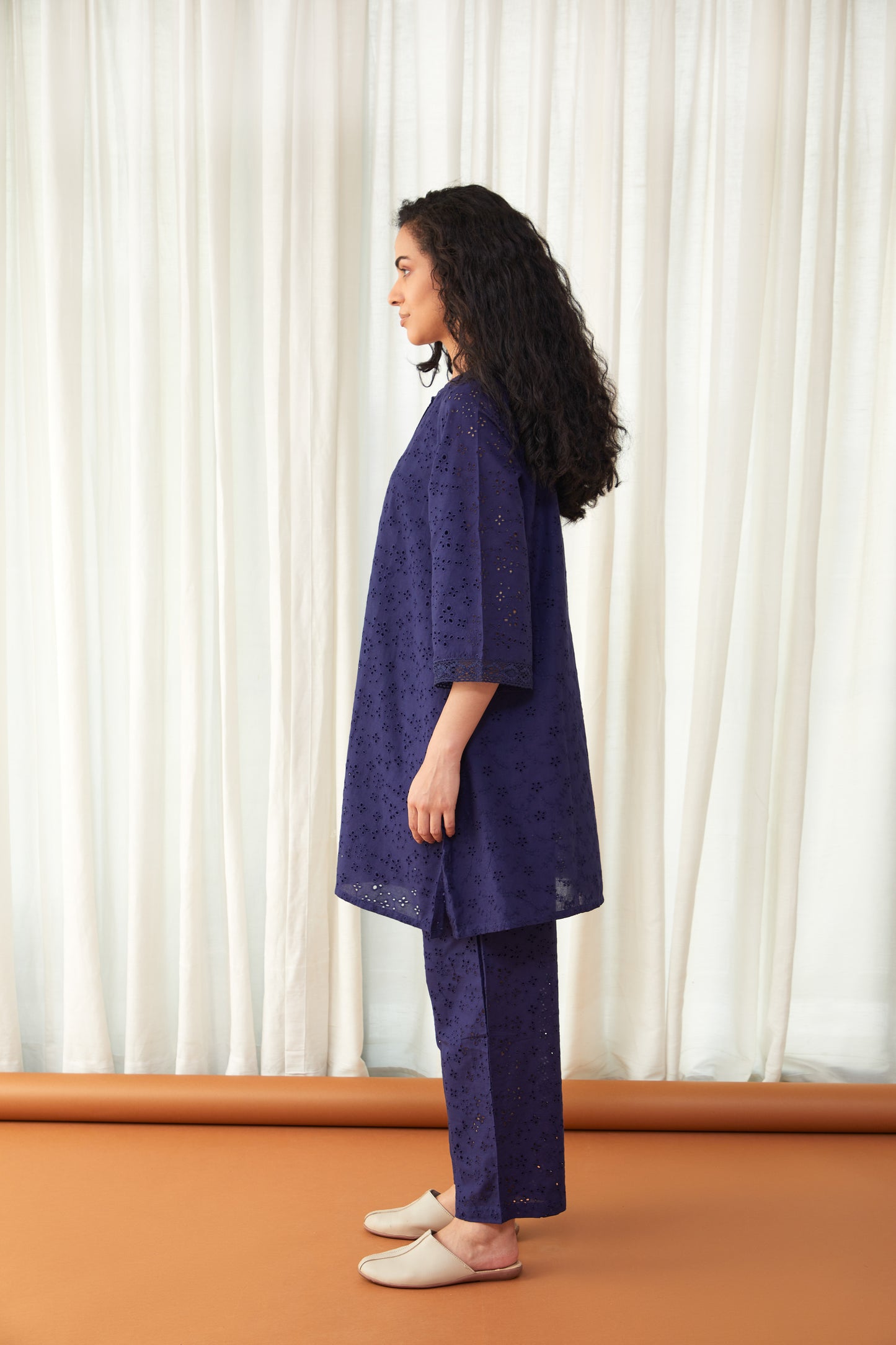 Flared Midnight Blue Cutwork Cotton Co-ord Set