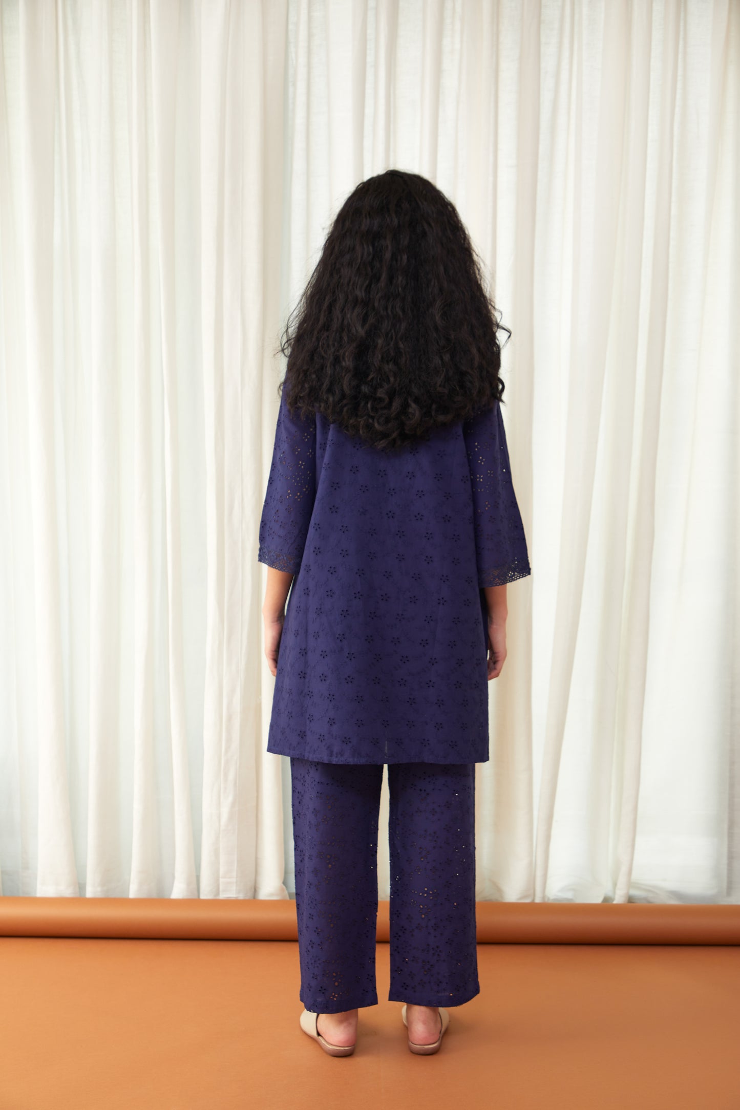 Flared Midnight Blue Cutwork Cotton Co-ord Set
